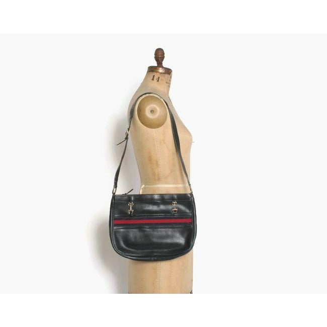SALE! Gucci, 1955 Horse-bit style, navy leather hobo style shoulder bag with an inlaid, iconic red and navy web stripe, gold horse-bit and GG logo accents