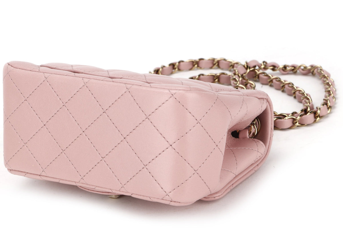 CHANEL CLASSIC MINI SQUARE (LPTUxxxx) POWDER PINK CALF LEATHER LIGHT GOLD HARDWARE, WITH DUST COVER & BOX