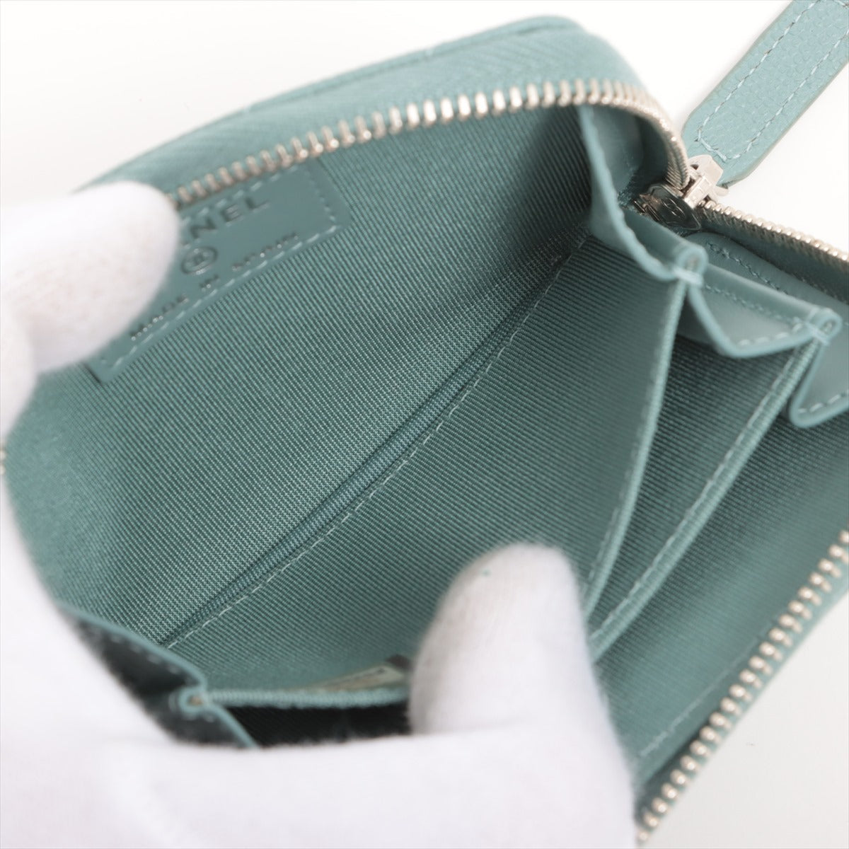 Chanel Chevron Caviar Green Grey Coin Case