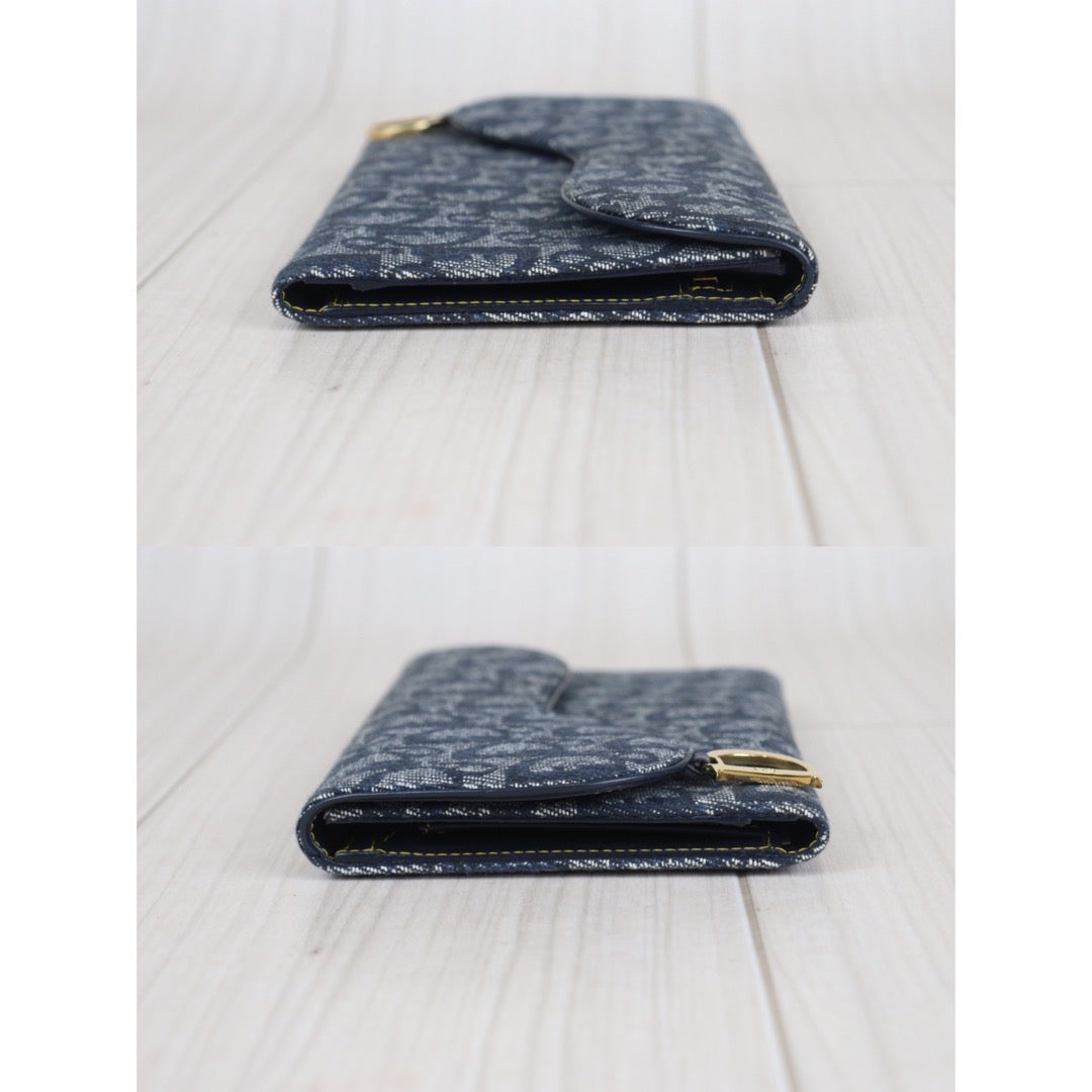 Rank A | Dior Trotter Saddle Tri-fold Long Wallet Jacquard Leather Navy|23080913