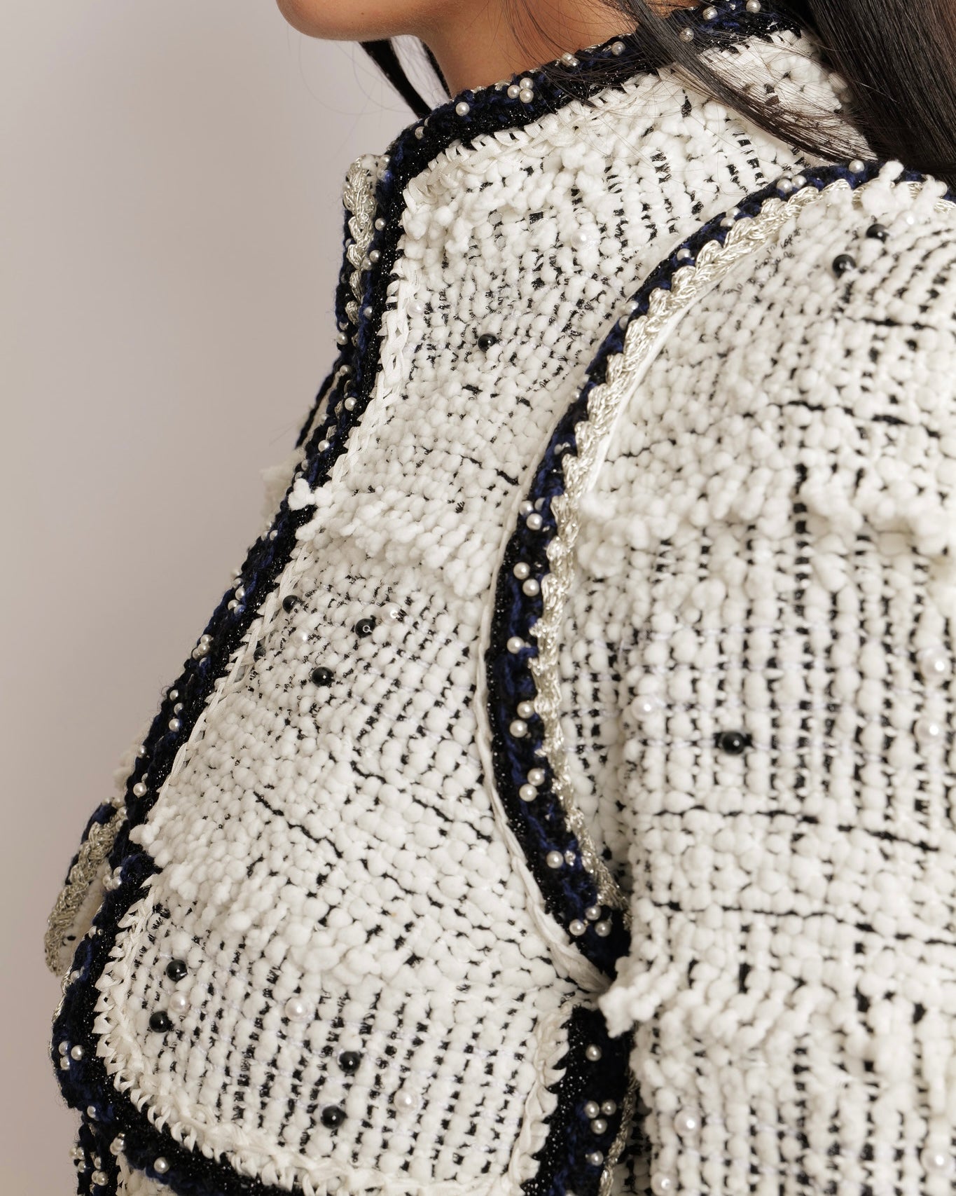 Chanel Fall 2017 White and Black Tweed Long Jacket with Black and White Pearl Embellishments and Front Pocket Details Size FR 36 (UK 8)