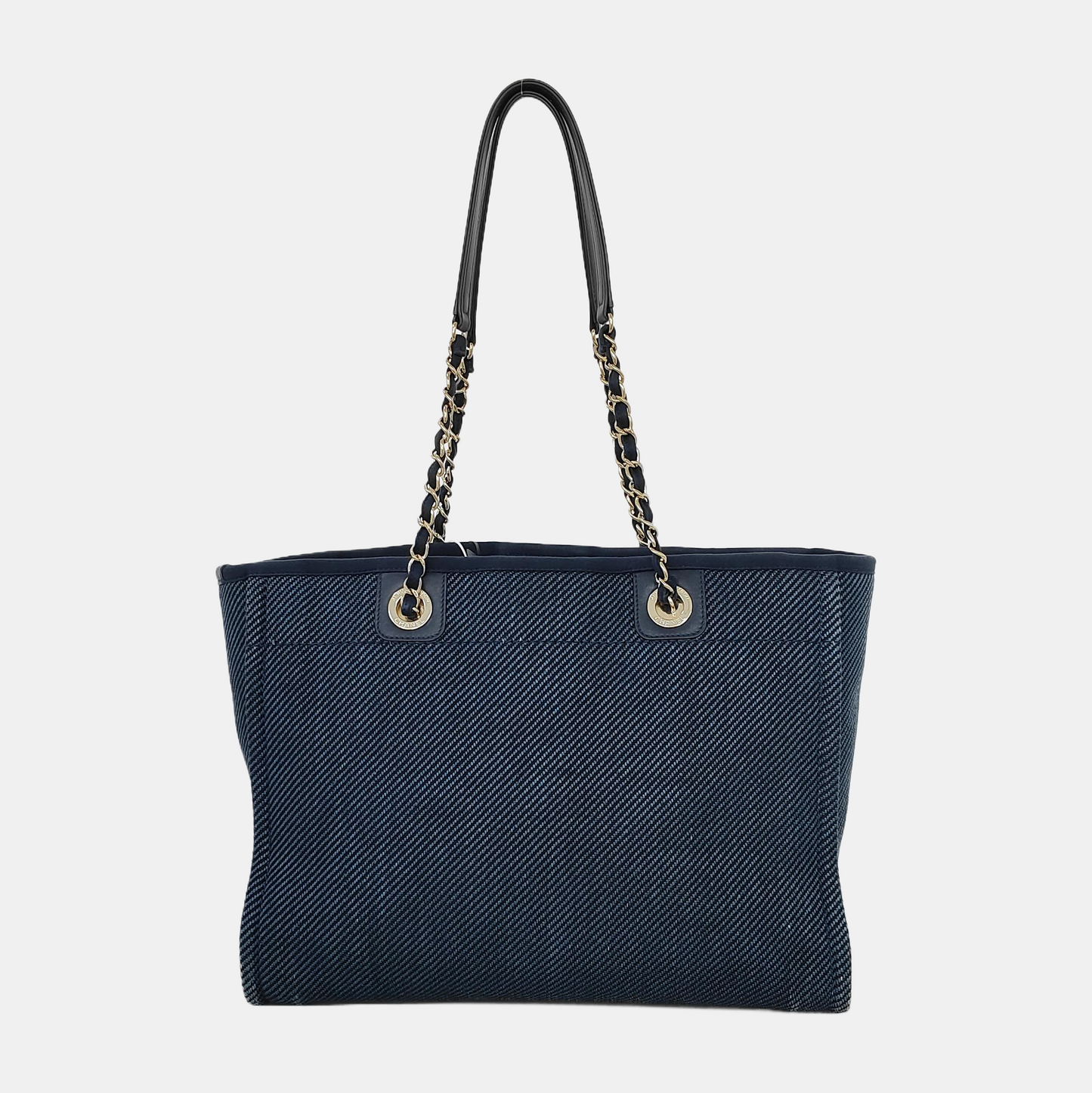 Chanel Deauville Tote Navy Denim Cloth Leather Chain Strap Small 34cm