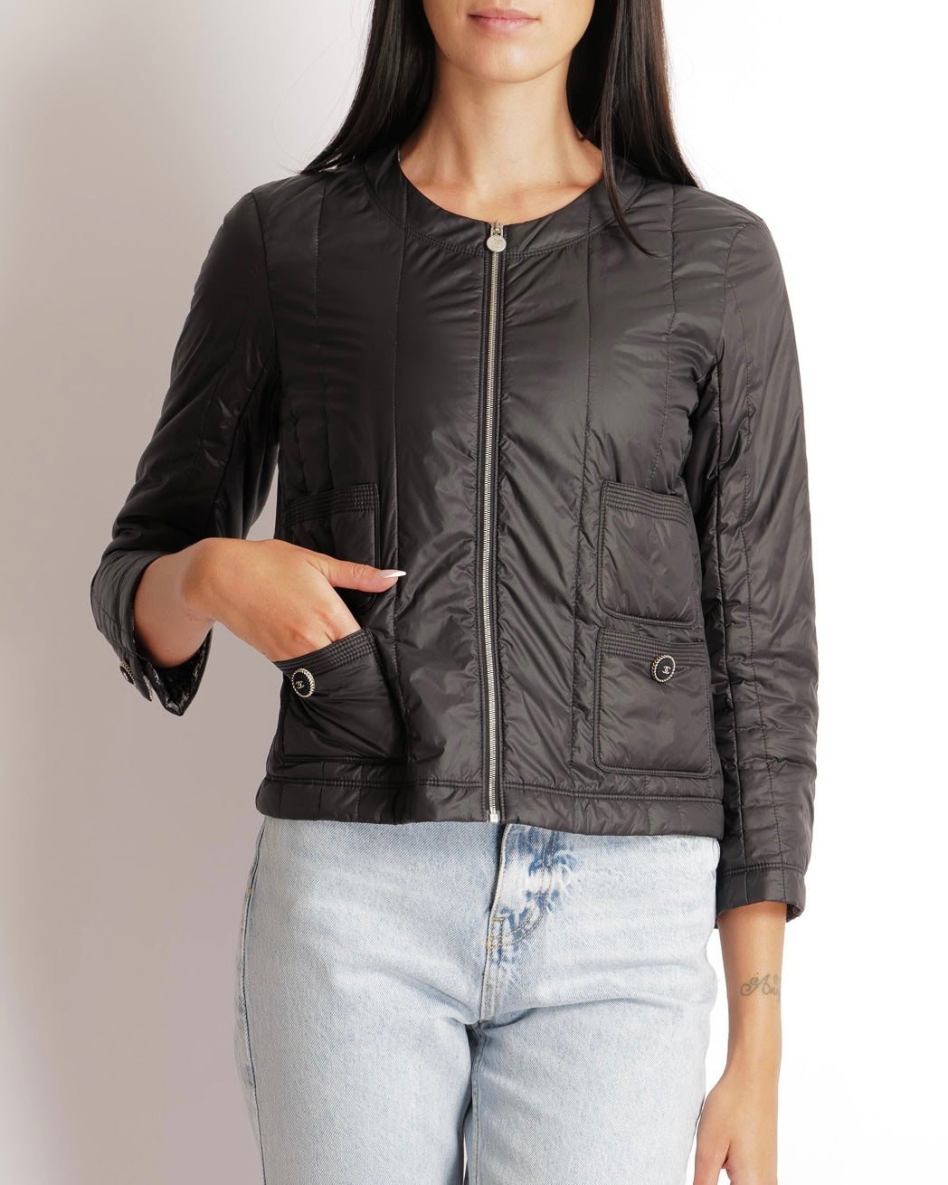 Chanel Black Windbreaker Jacket with Silver Zipper and Black and Silver CC Logo Buttons Size FR 36 (UK 8)