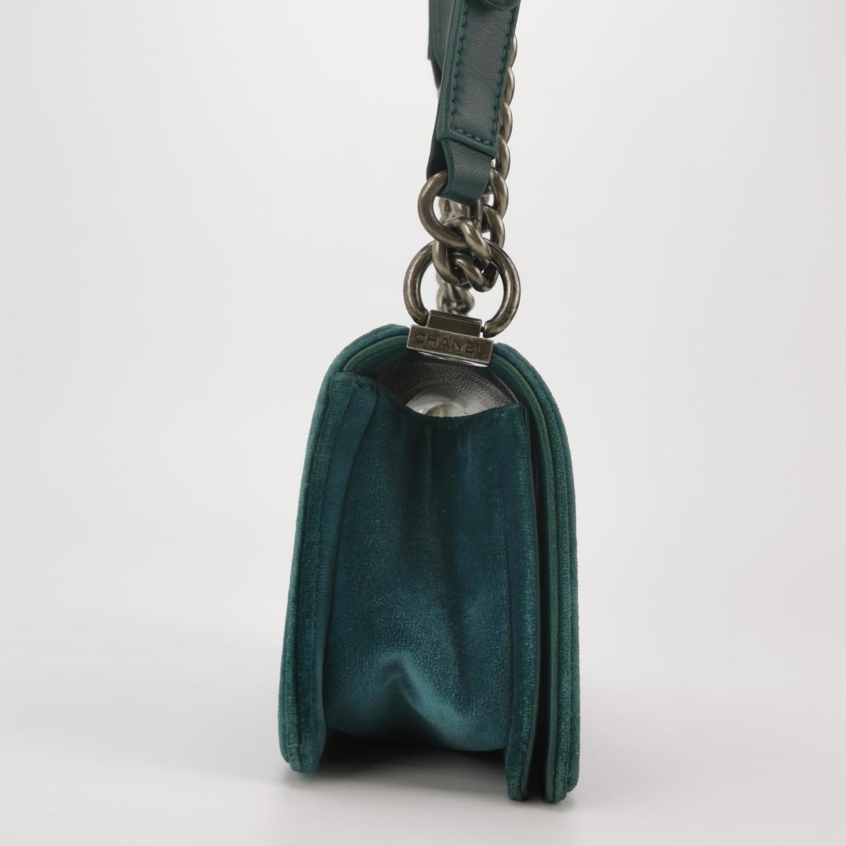Chanel Le Boy Dark Small Green Velvet Antiqued Silver Hardware