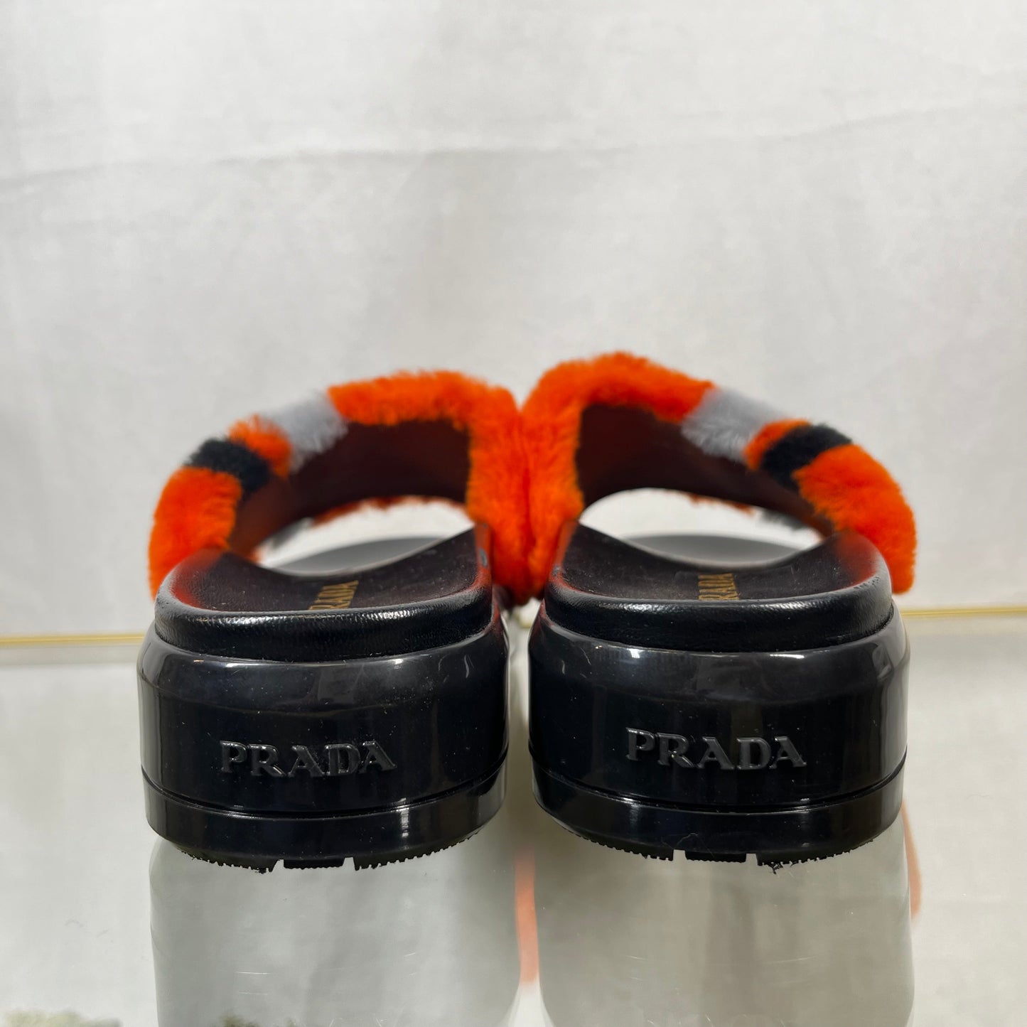 Prada Orange Multicolor Shearling Slide Sandals SZ37.5(7.5US)