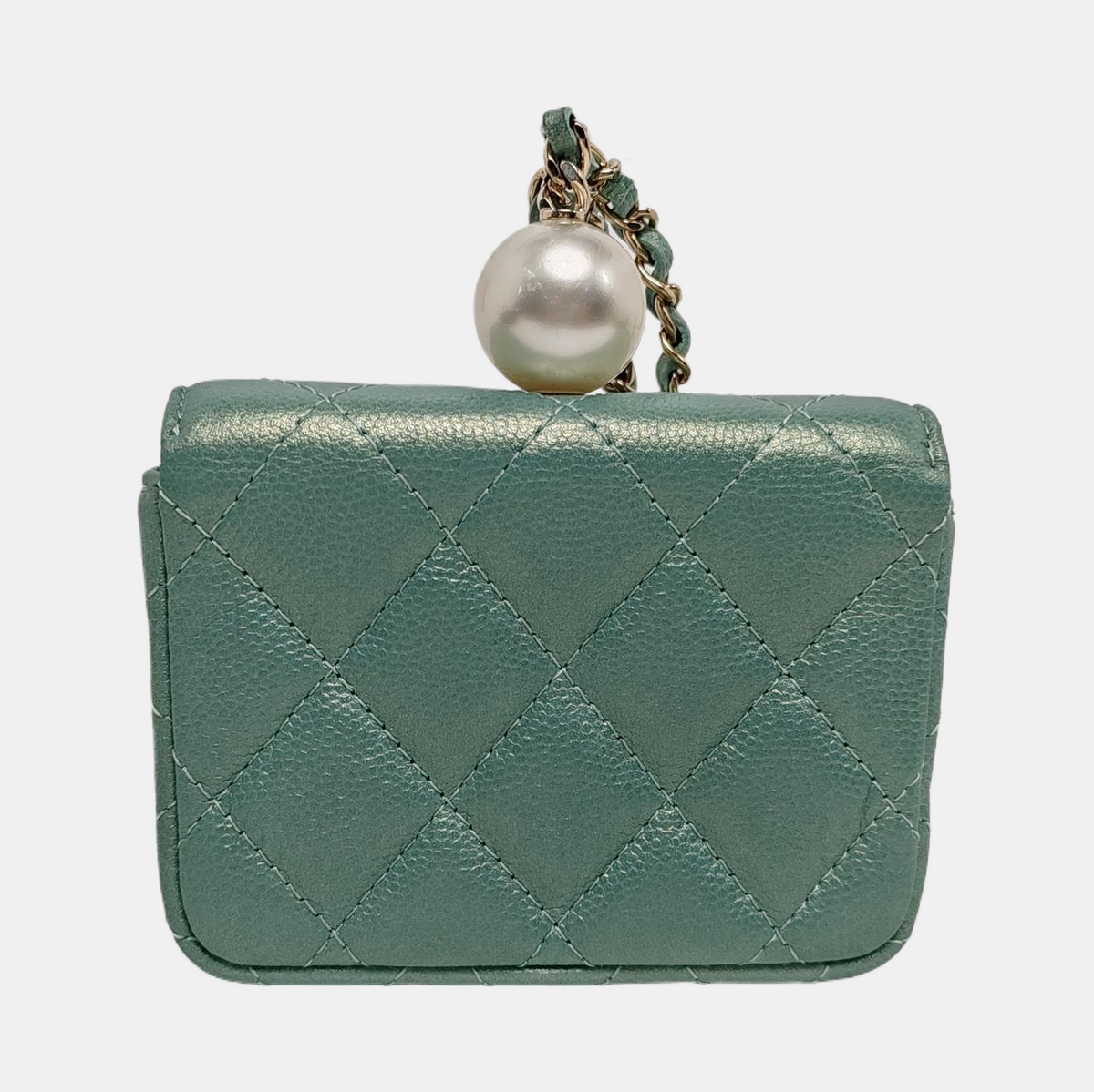 Chanel CC Pearl Coin Holder with Chain Quilted Green Caviar Leather Gold Hardware 2021