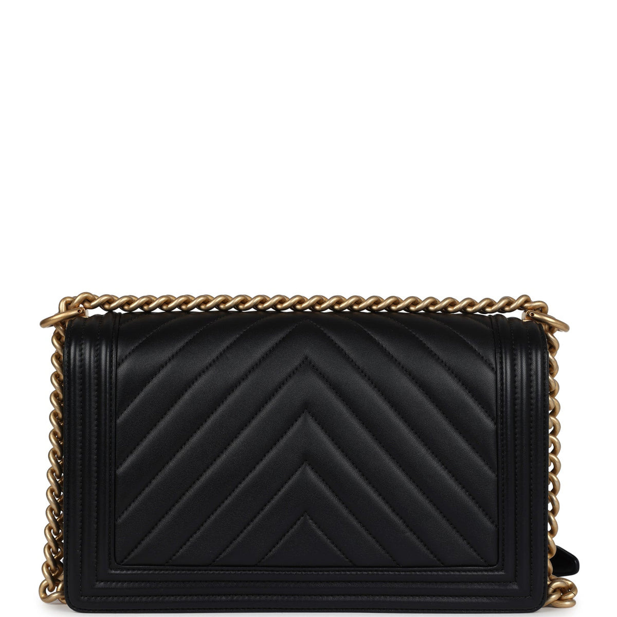 Chanel New Medium Chevron Boy Bag Black Calfskin Antique Gold Hardware