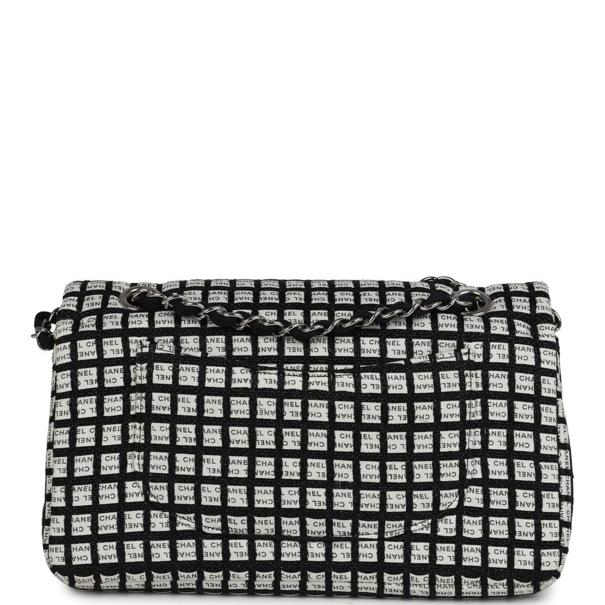Chanel Medium Logo Ribbon Classic Double Flap Bag White and Black Canvas and Tweed Silver Hardware