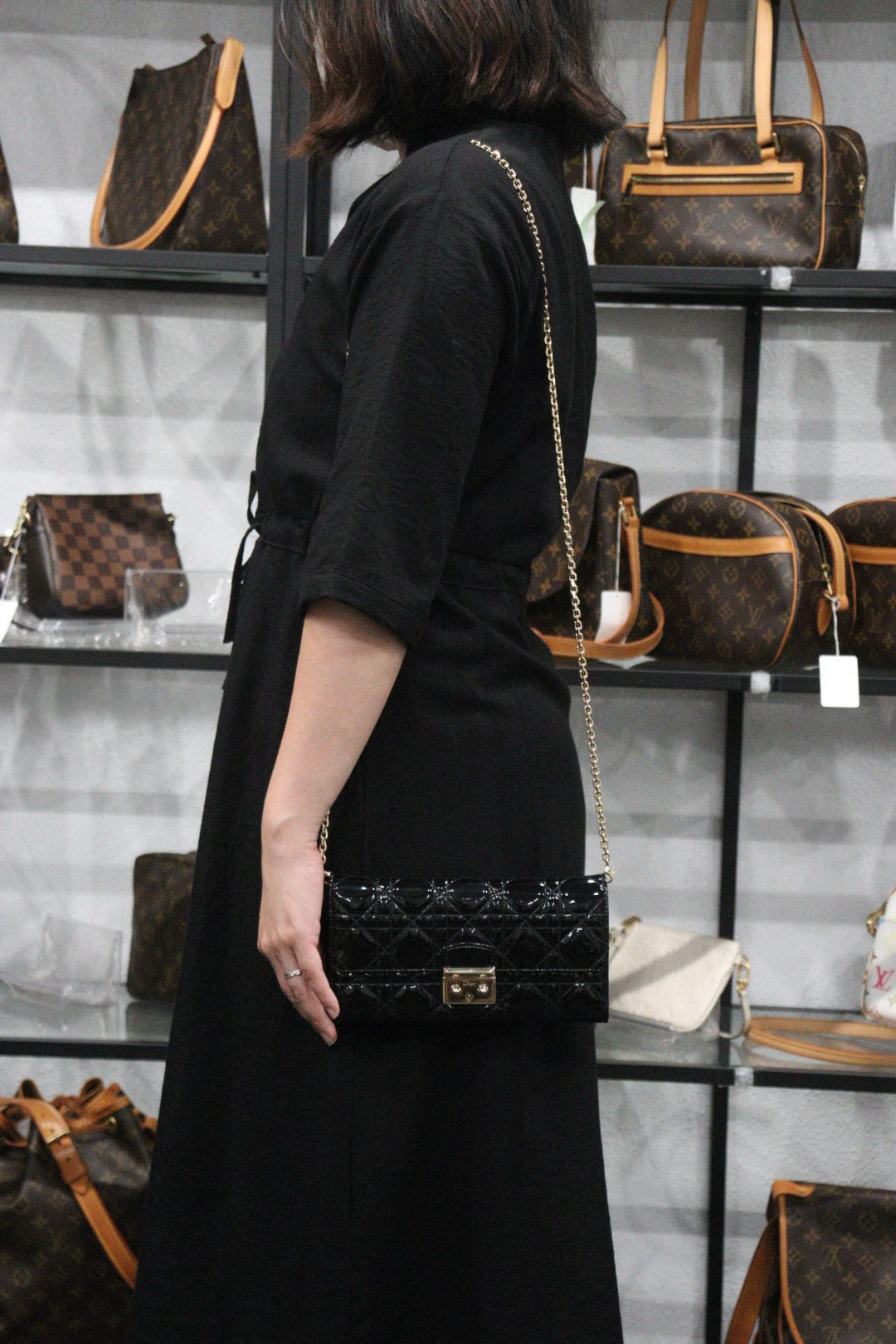 Rank A |Dior Diana Enamel Wallet Chain ShoulderBag Black|23080311