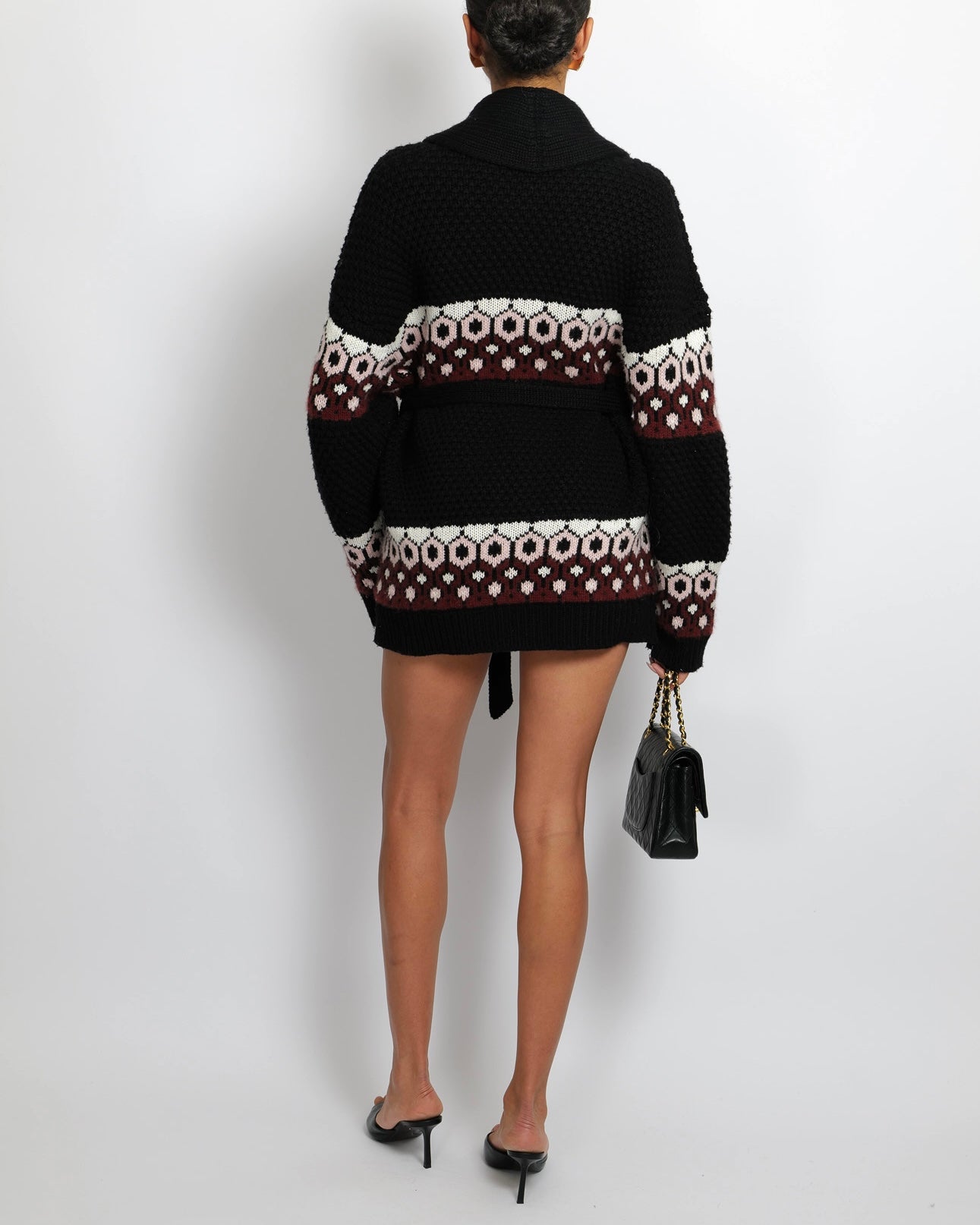 Chanel Black Cashmere Knit Belted Cardigan with Red, White, and Pink Pattern with CC Logo Detail Size FR 38 (UK 10)