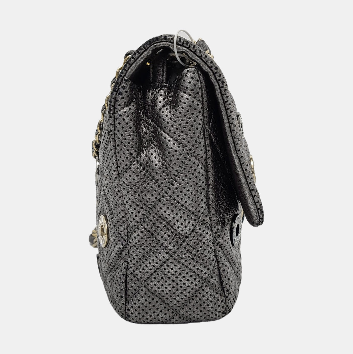 Chanel Paris-Dubai Jumbo Grey Perforated Lambskin Leather with Buttons Gold Hardware