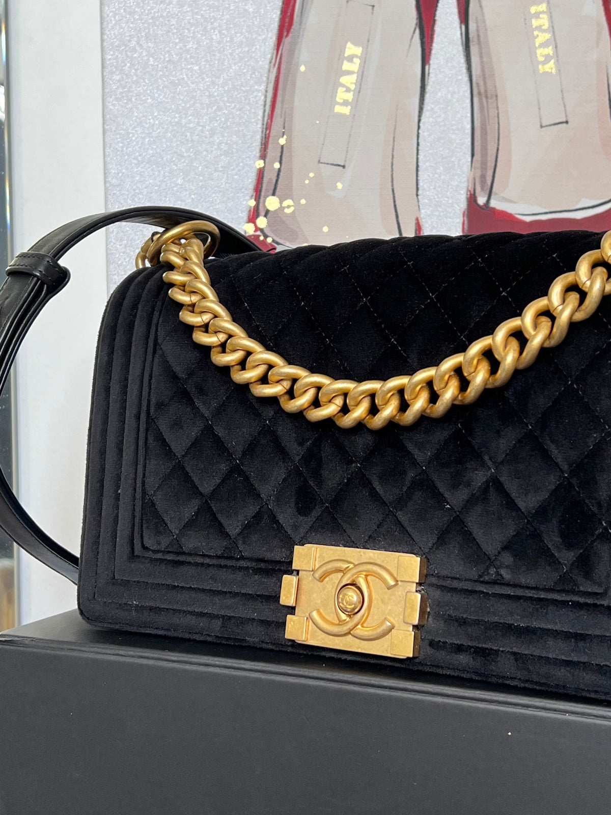 CHANEL MEDIUM BOY FLAP QUILTED VELVET BAG