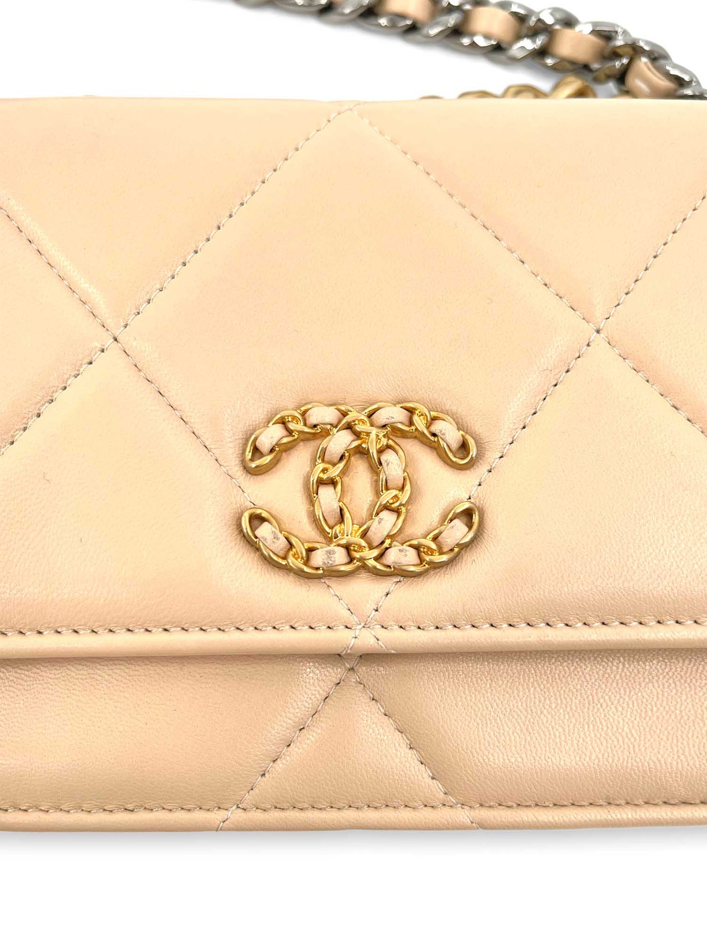Chanel CC Logo Quilted Lambskin Leather Wallet On Chain Beige