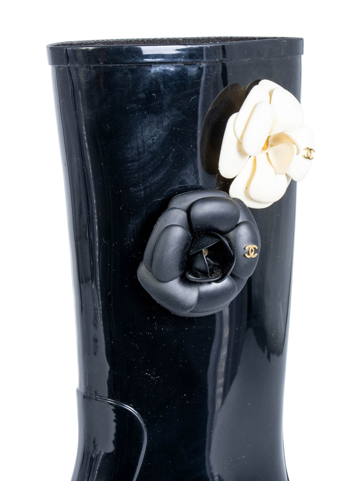 Chanel CC Logo Camellia Flower Rain Boots Black Ivory