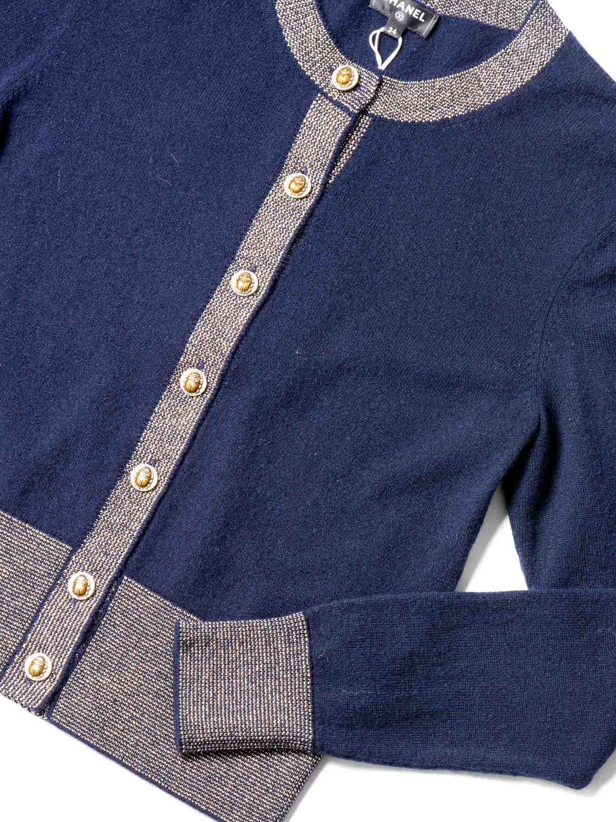 Chanel CC Logo Cashmere Scarab Beetle Cardigan Navy Gold