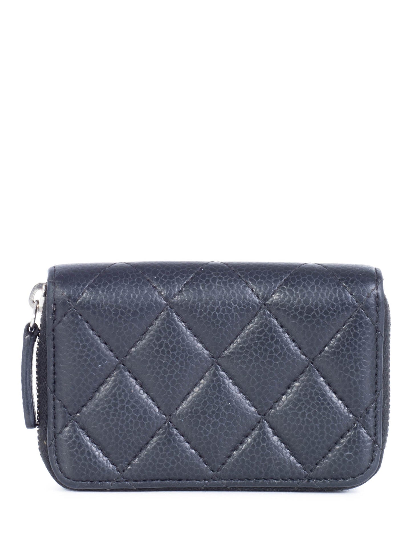 Chanel CC Logo Caviar Leather Zippered Credit Card Wallet Black Silver