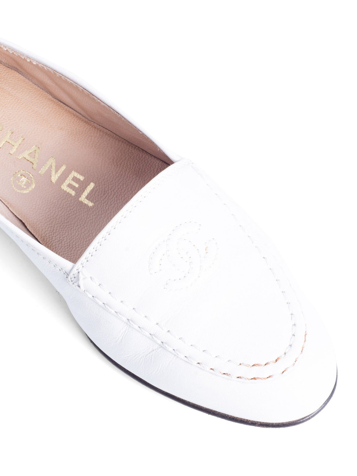 Chanel CC Logo Leather Flat Loafers White