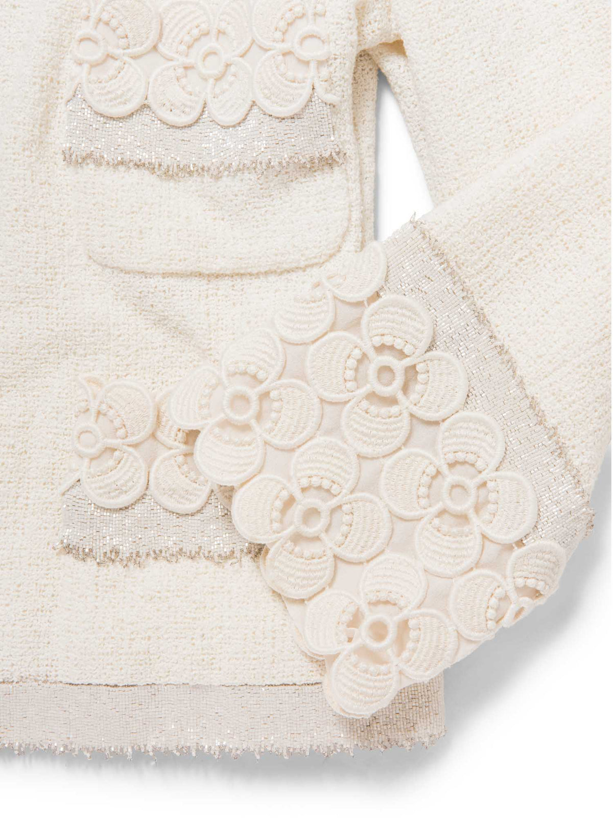 Chanel CC Logo Lesage Tweed Camellia Beaded Fringe Jacket Ivory