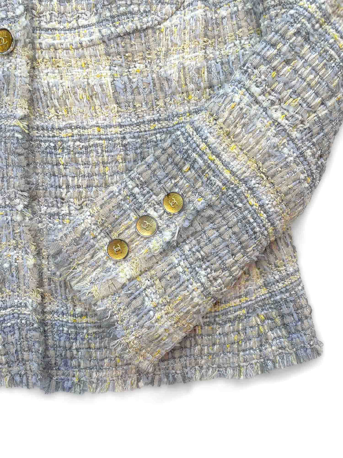 Chanel CC Logo Lesage Tweed Fringe Jacket Grey Yellow