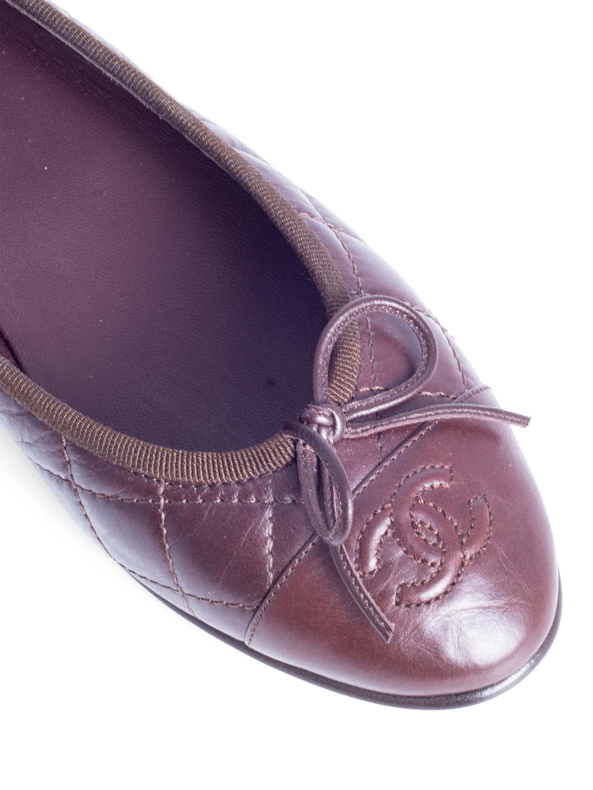 Chanel CC Logo Quilted Leather Bowtie Cap Toe Ballet Flats Brown