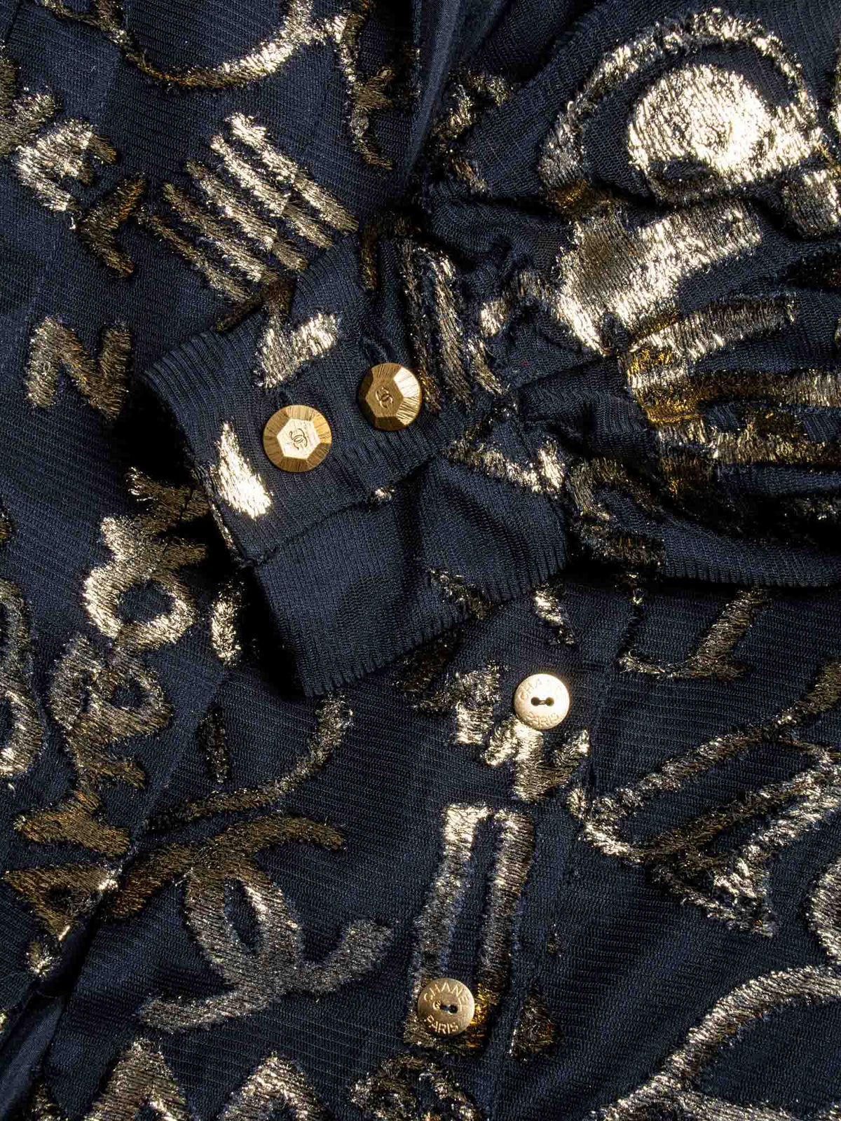 Chanel CC Logo Silk New York Graffiti Button Up Blouse Black Gold