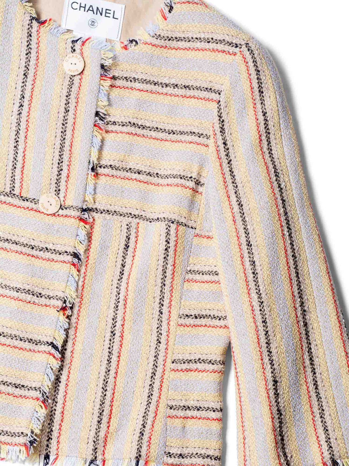 Chanel CC Logo Tweed Fringy Fitted Jacket Beige
