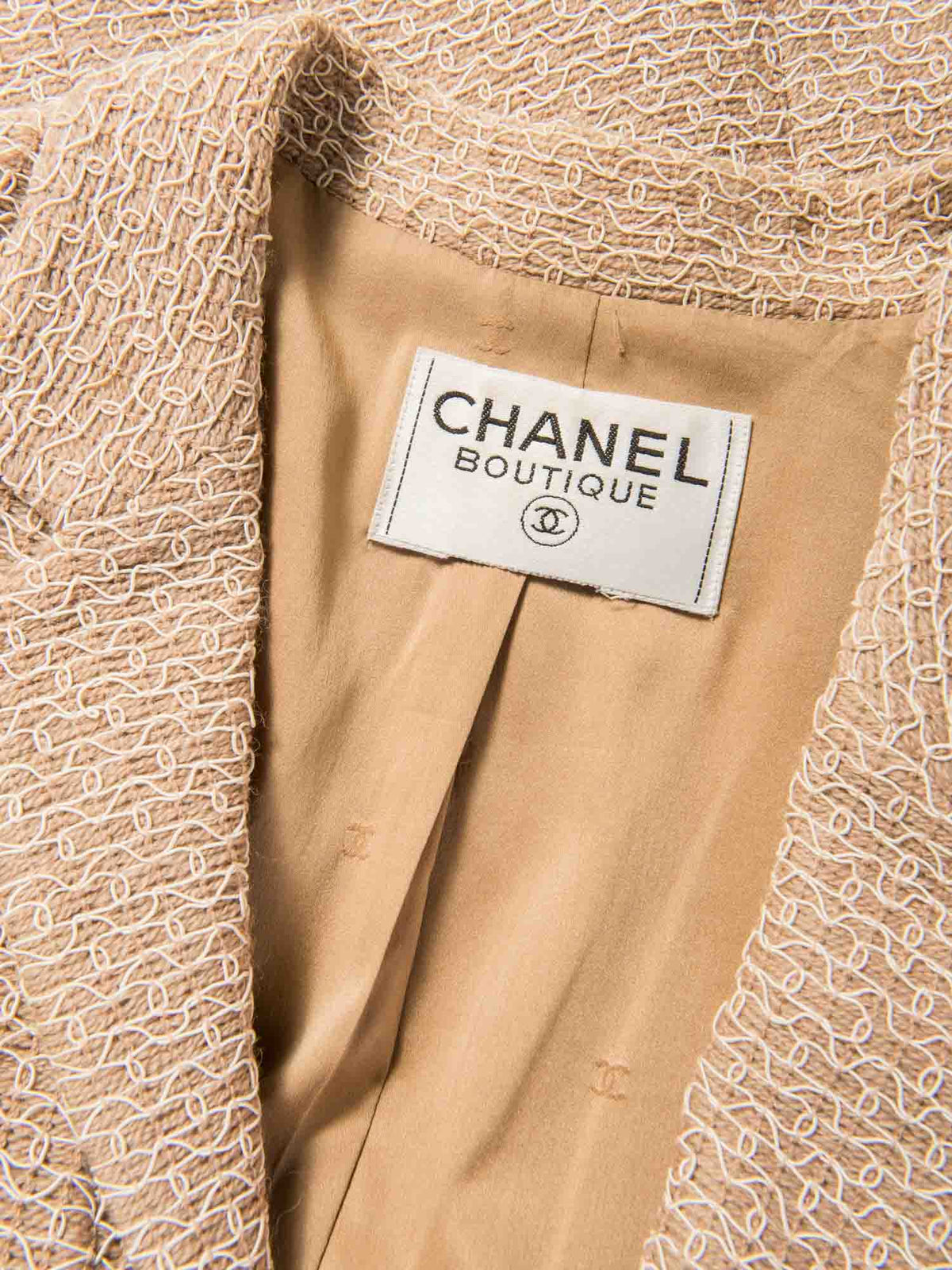 Chanel CC Logo Tweed Jacket Beige White Silver