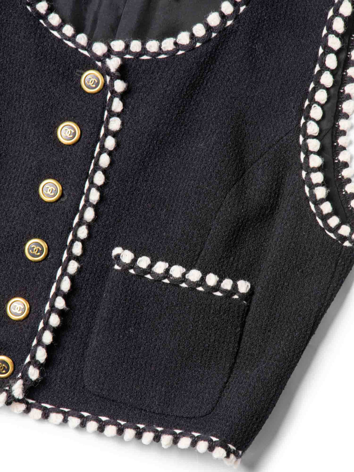 Chanel CC Logo Tweed Wool Fringe Vest Black White