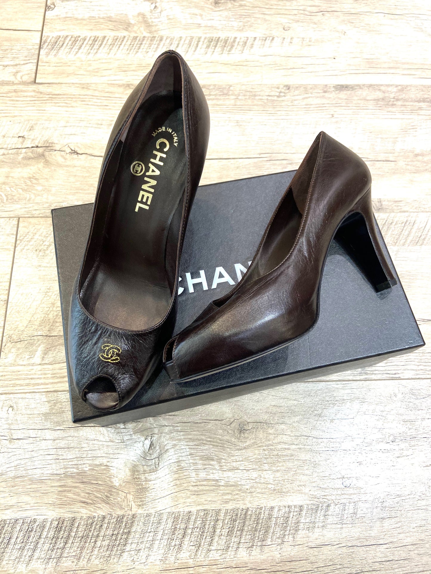 CHANEL CC CALFSKIN LEATHER PEEP TOE PUMPS