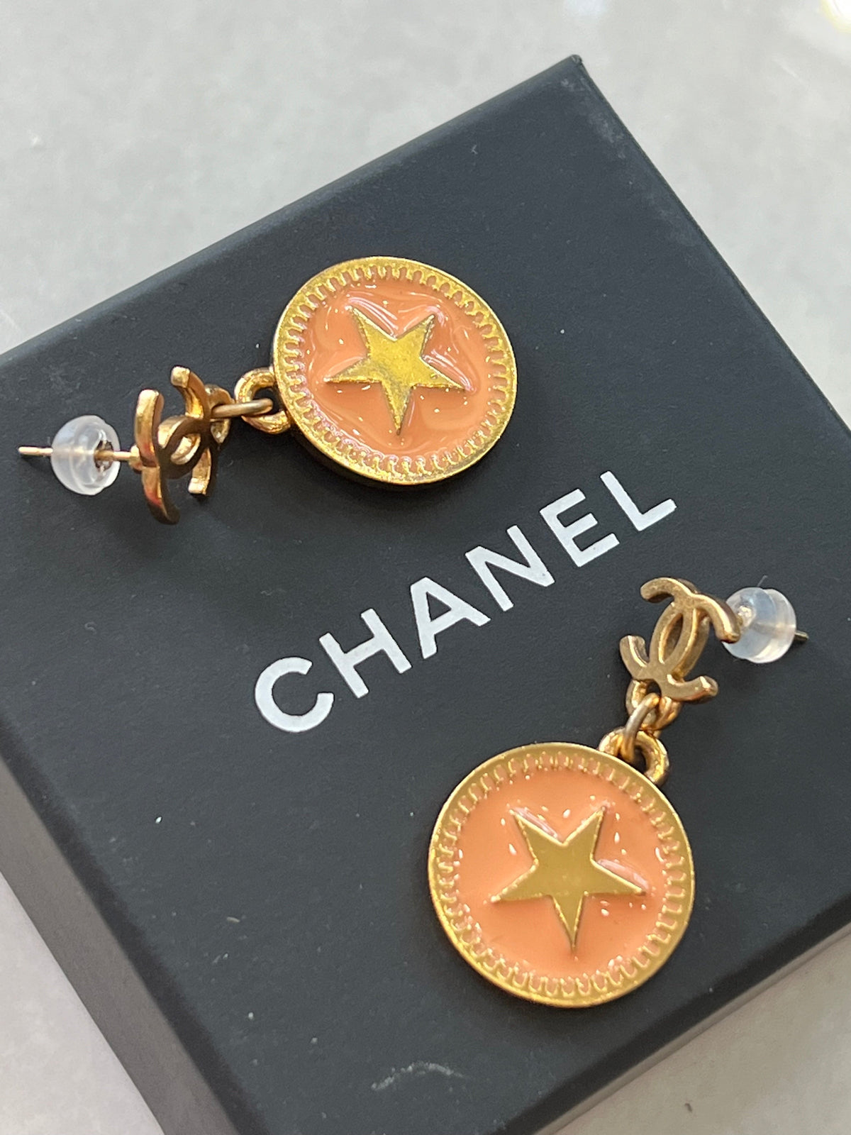 CHANEL CC STAR DANGLE ENAMEL EARRINGS