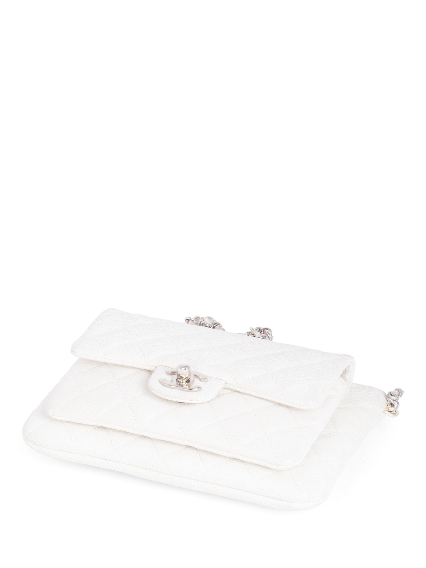 Chanel Quilted Caviar Leather CC Logo Flap Messenger Bag White Silver