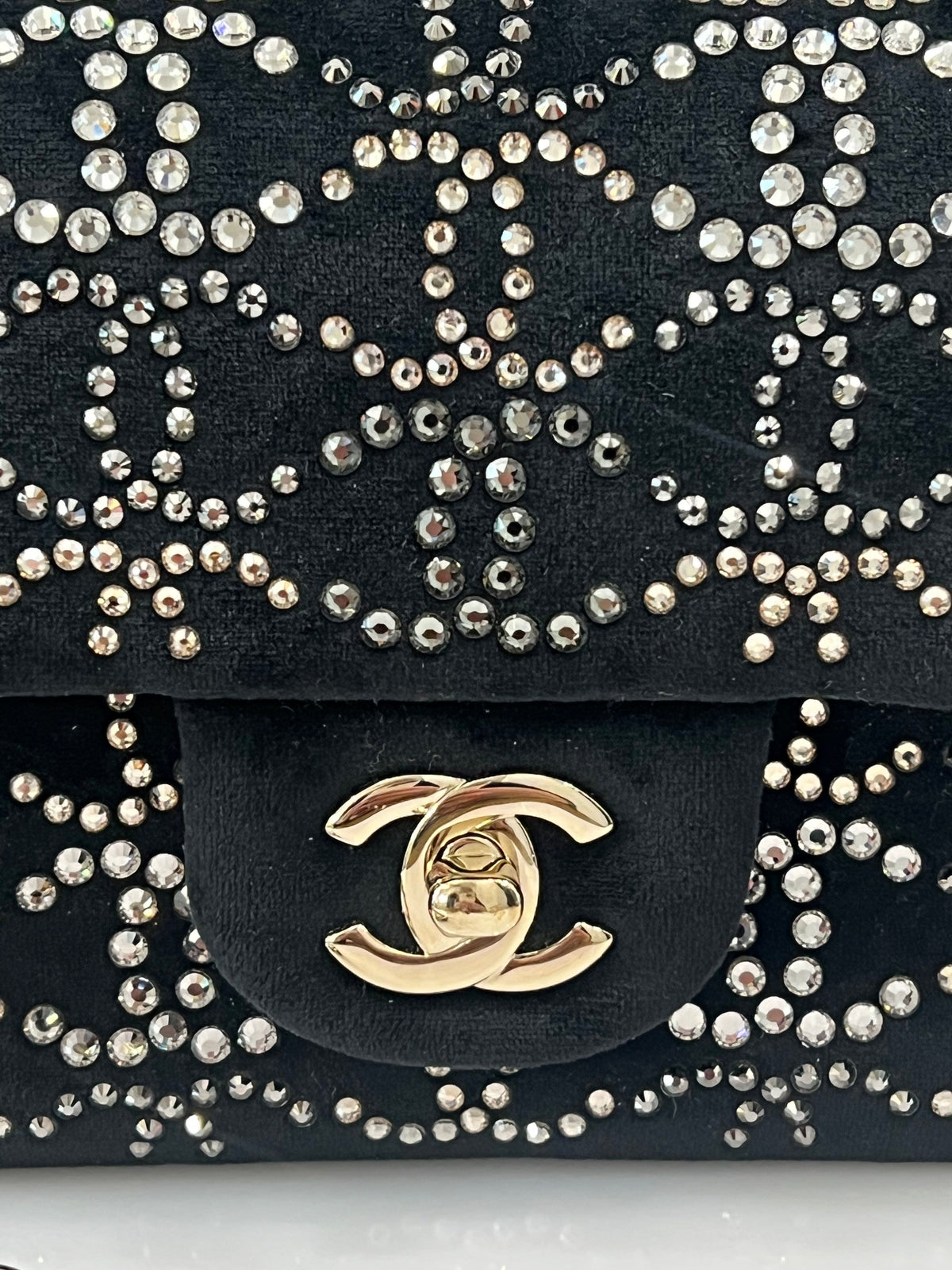 CHANEL RUTHENIUM STRASS CRYSTAL EMBELLISHED MINI CLASSIC FLAP BAG