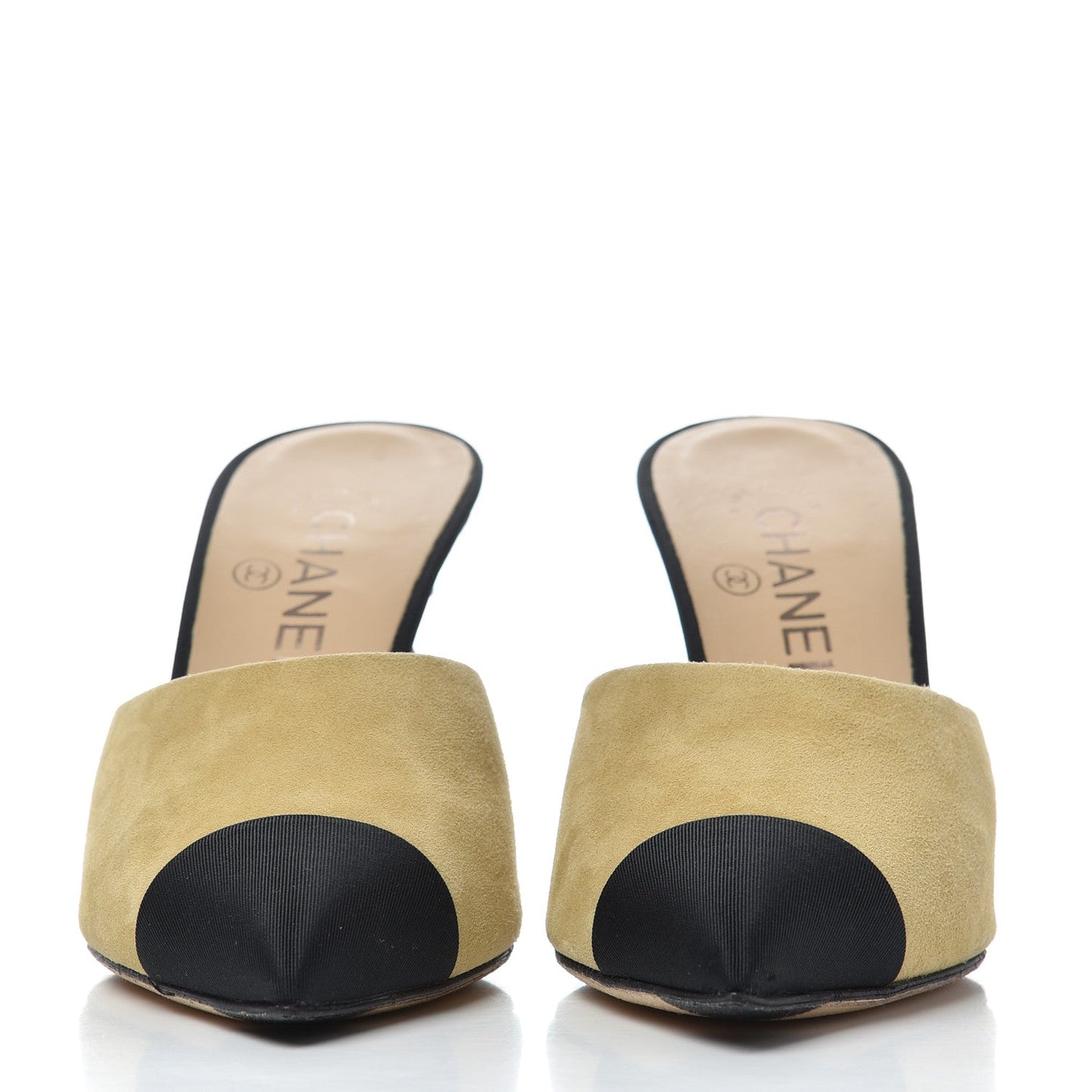 CHANEL TWO-TONED GROSGRAIN LEATHER PEARL CC HEEL MULES PUMPS