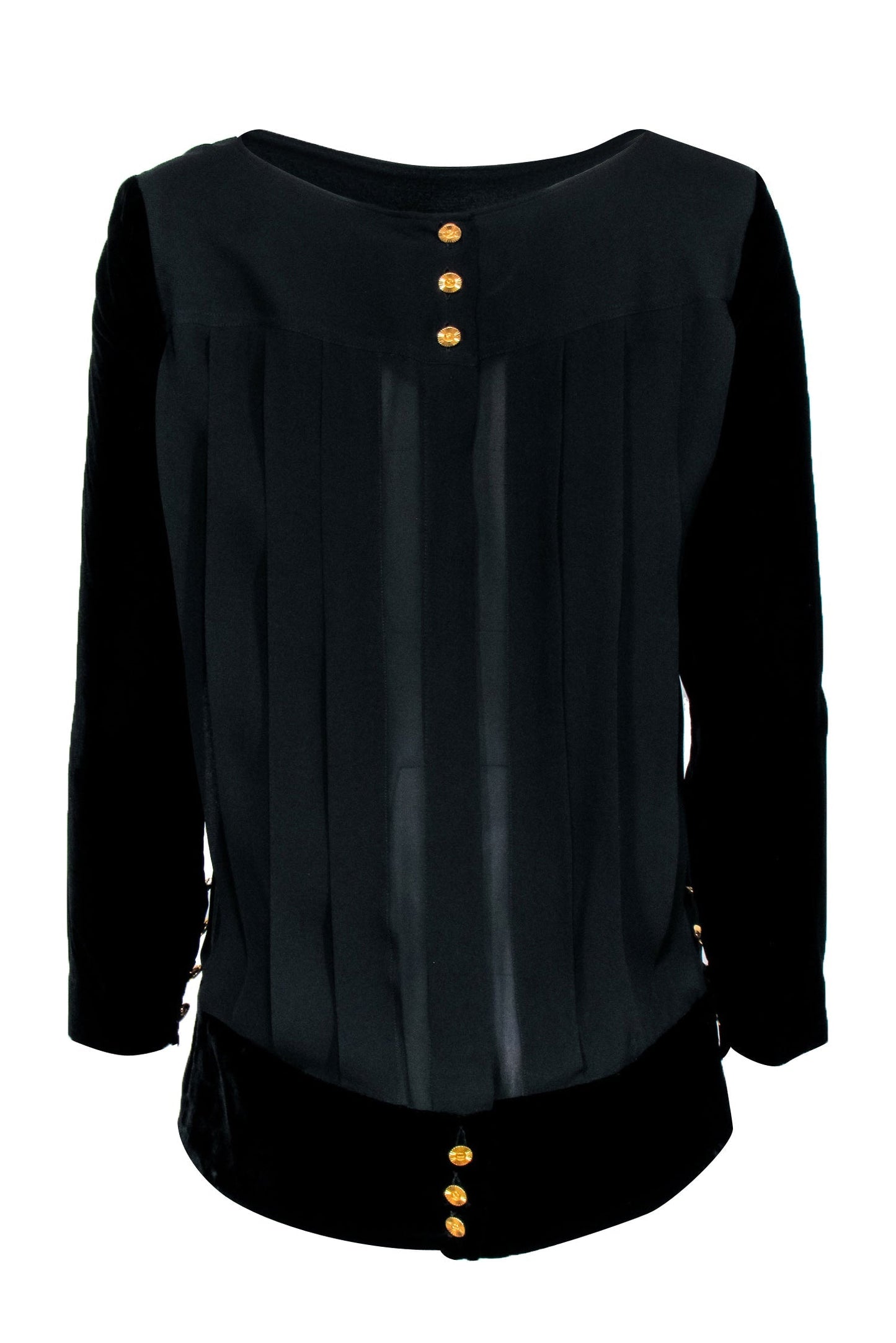 Chanel - Black w/ Velvet Long Sleeves & Button Back Sz S/M