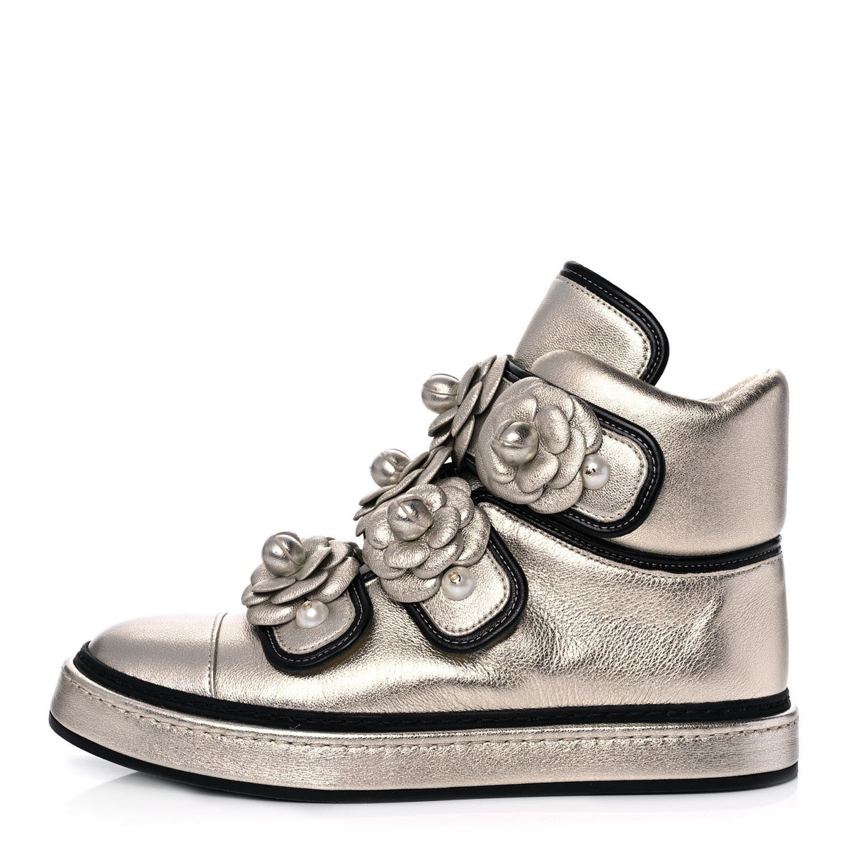CHANEL CC CAMELLIA METALLIC CHAMPAGNE LAMBSKIN SNEAKERS