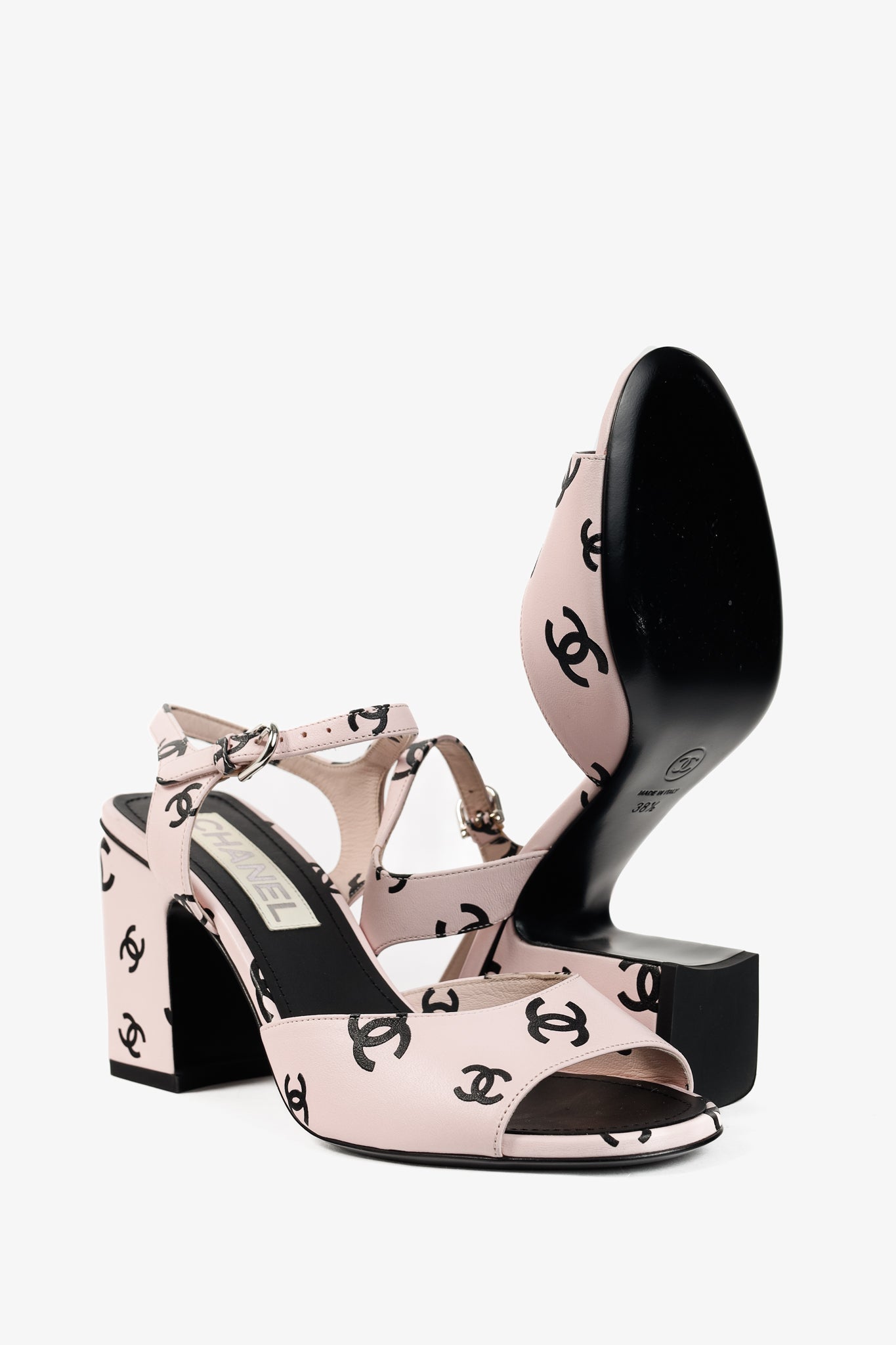 Chanel 22S Light Pink CC-Print Leather Sandals