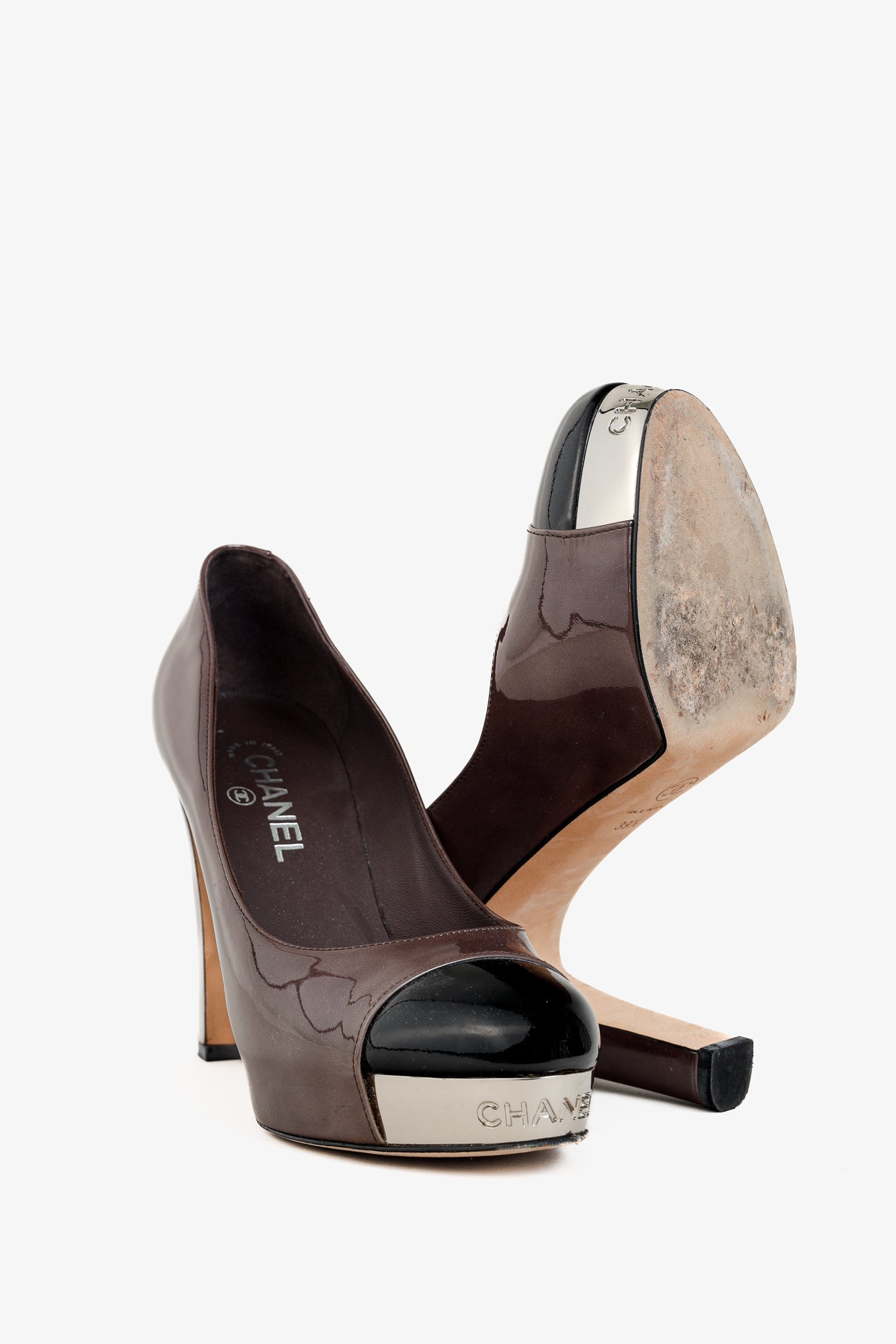 Chanel Brown Patent Leather Mirror Platform Pumps