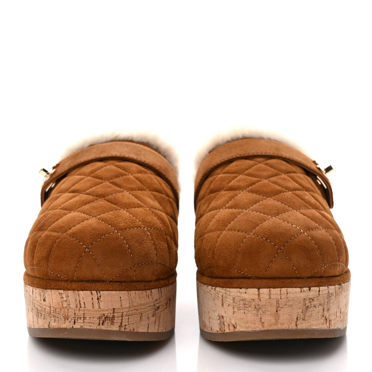 CHANEL SUEDE TURNLOCK CC LOGO SHEARLING MULE CLOGS