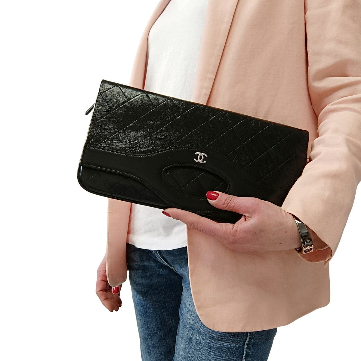 Chanel Chanel Clutch handbag in matelassé black leather - '10s