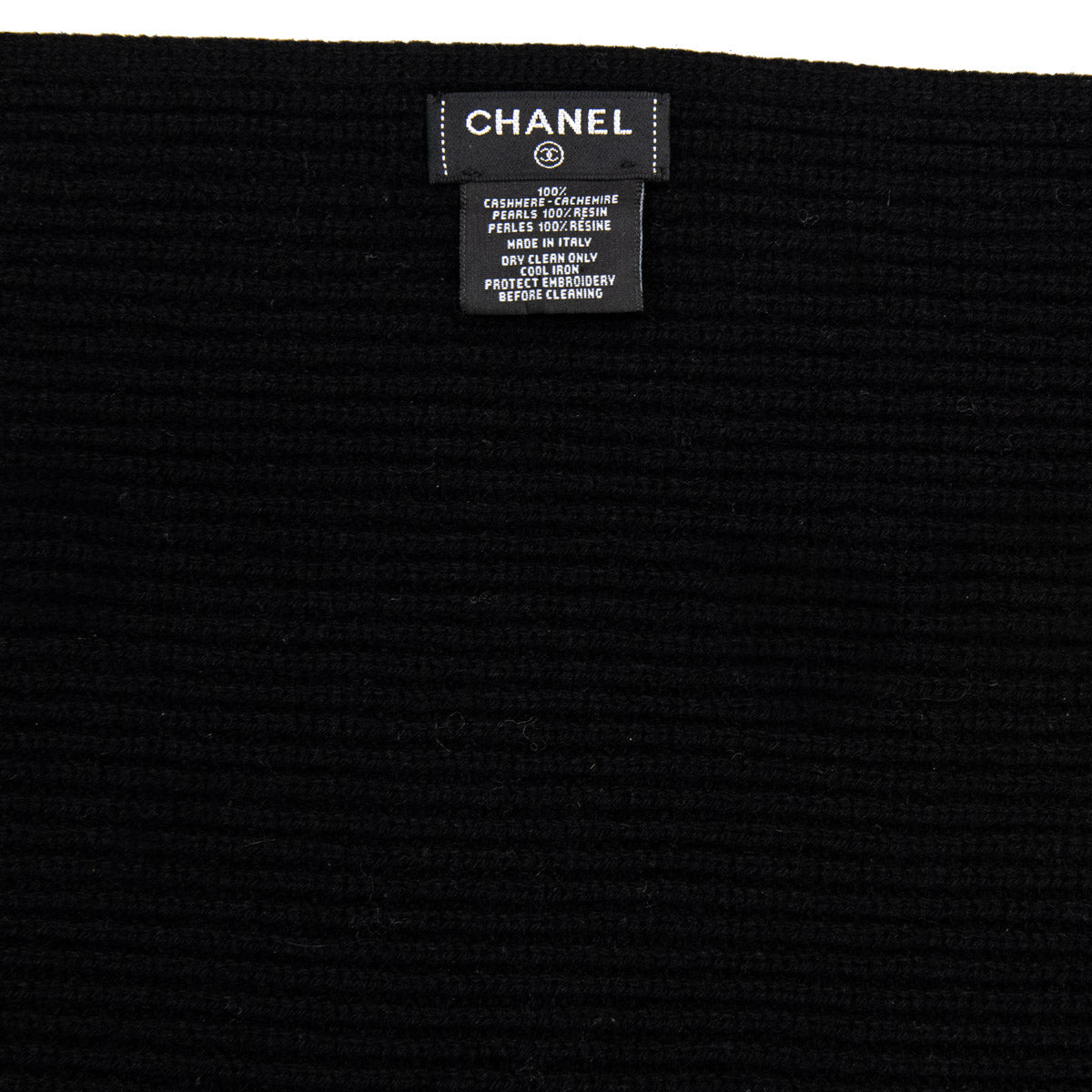 Chanel Black Cashmere Knit Pearl Embellished Logo Scarf