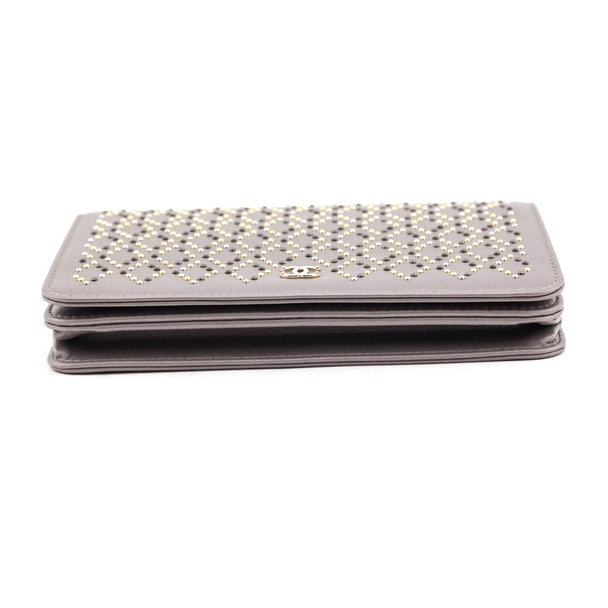 Chanel Metallic Gray Leather Studded Wallet on Chain Bag