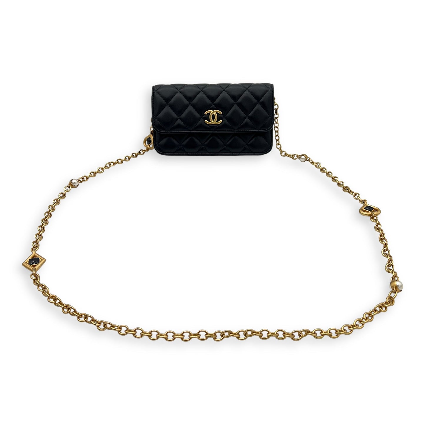 CC Phone Black Wallet On Chain in Lambskin, Gold hardware