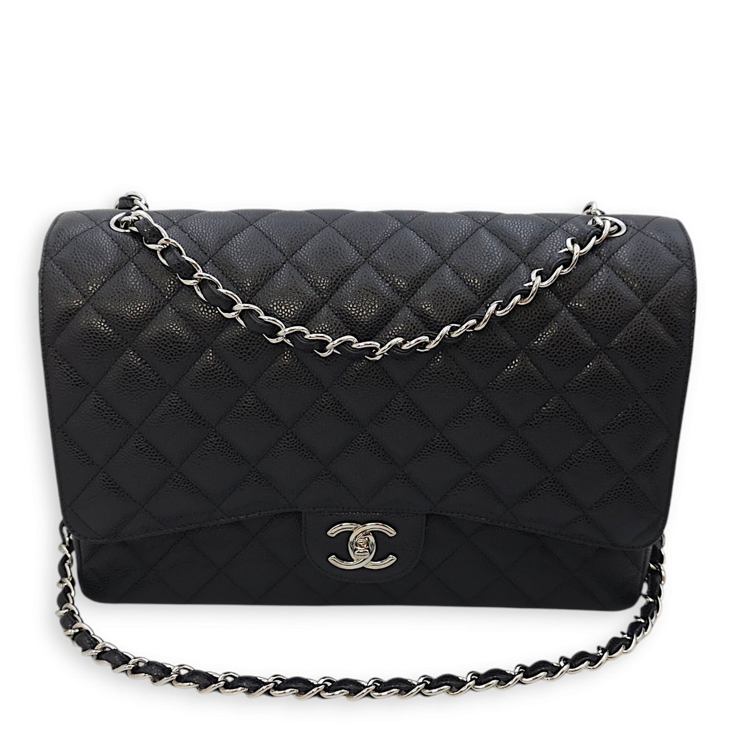 Classic Double Flap Maxi Black Shoulder Bag in Caviar Leather, Silver hardware