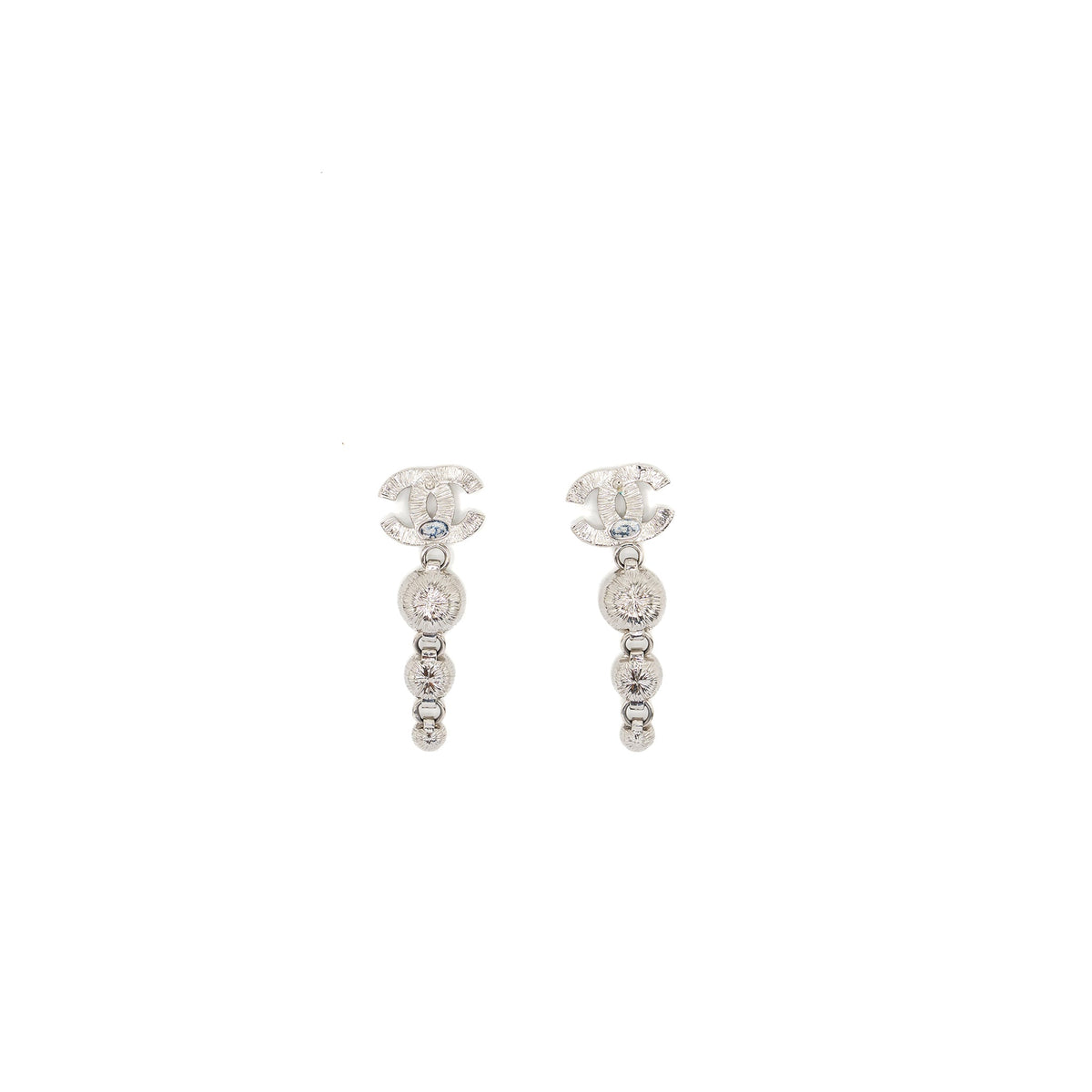 Chanel CC Logo Crystal Drop Earring Silver Tone