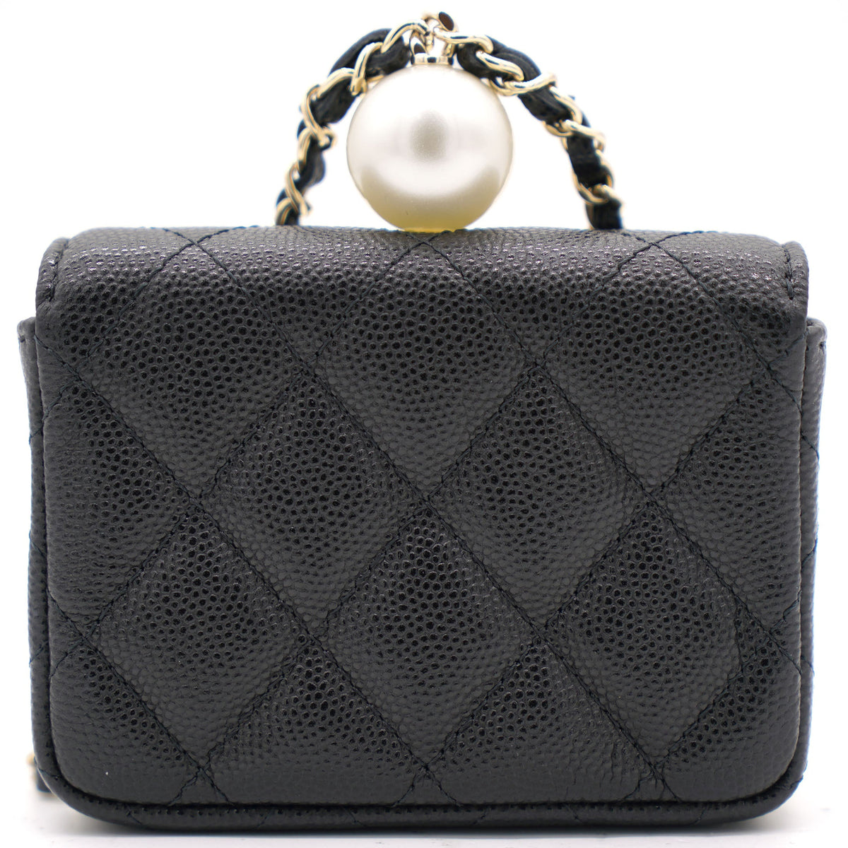 Black Caviar Leather Pearl Flap Card Holder with Short Chain