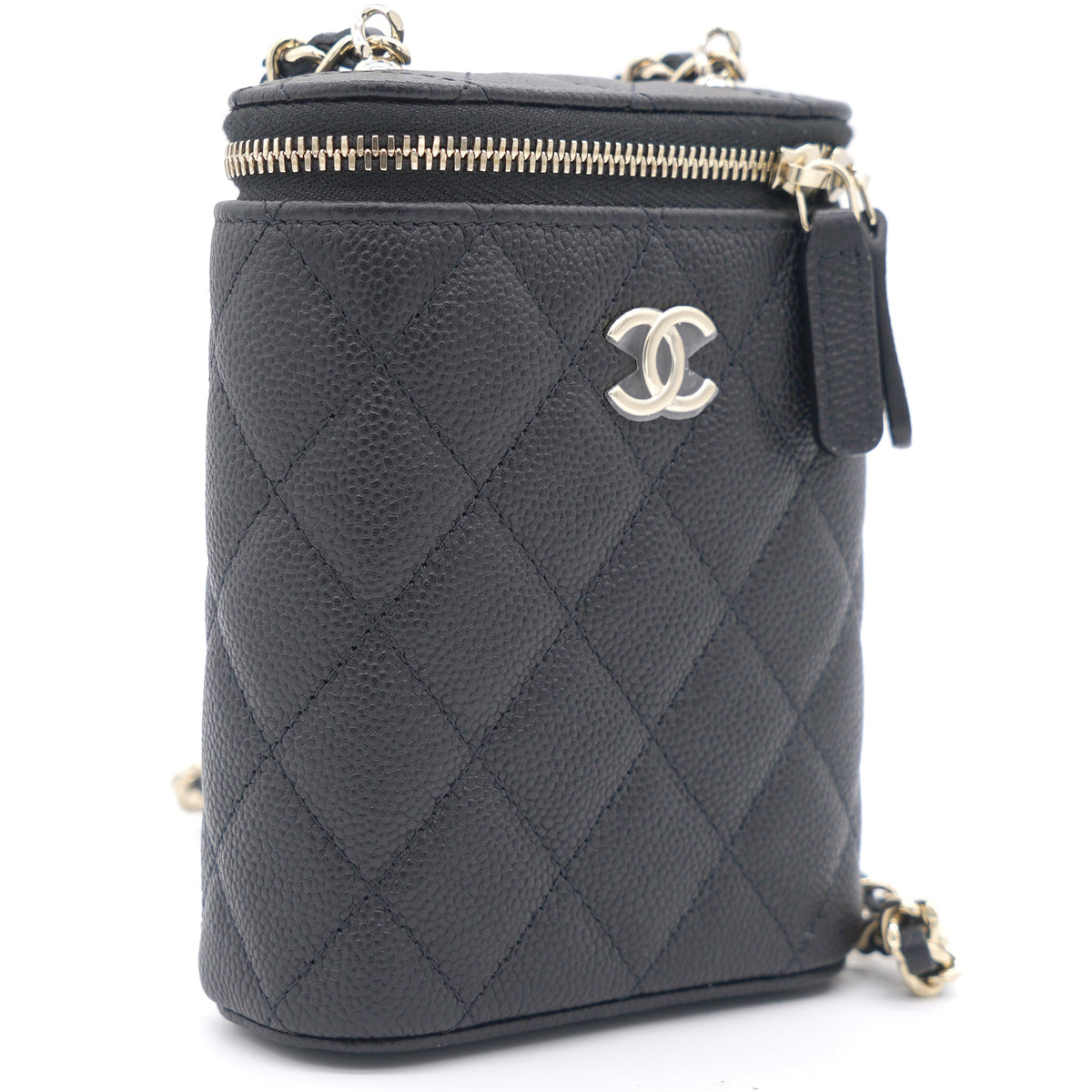 Caviar Quilted Small Vertical Coco Beauty Vanity Case With Chain Black