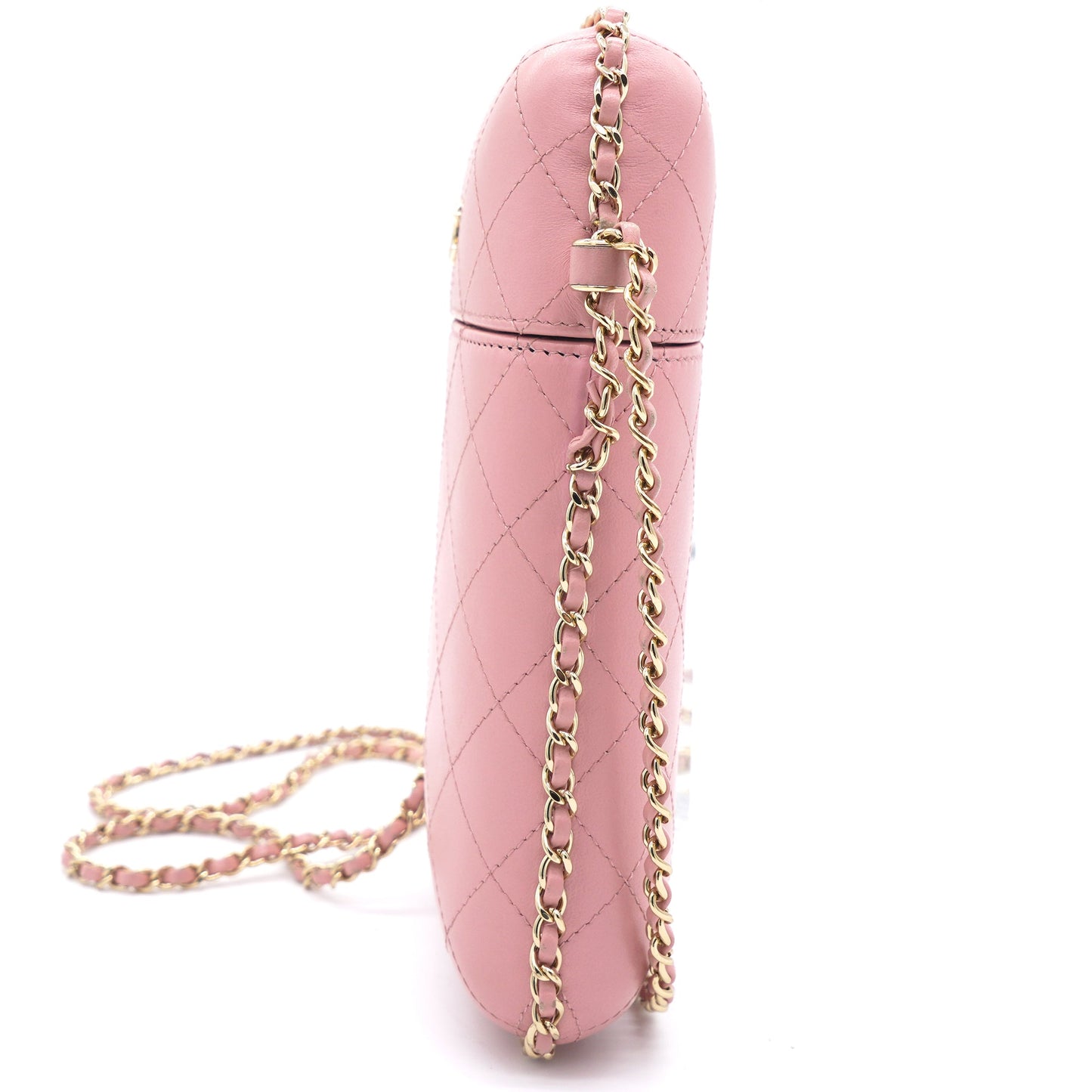 Lambskin Quilted Chain Around Phone Holder Pink
