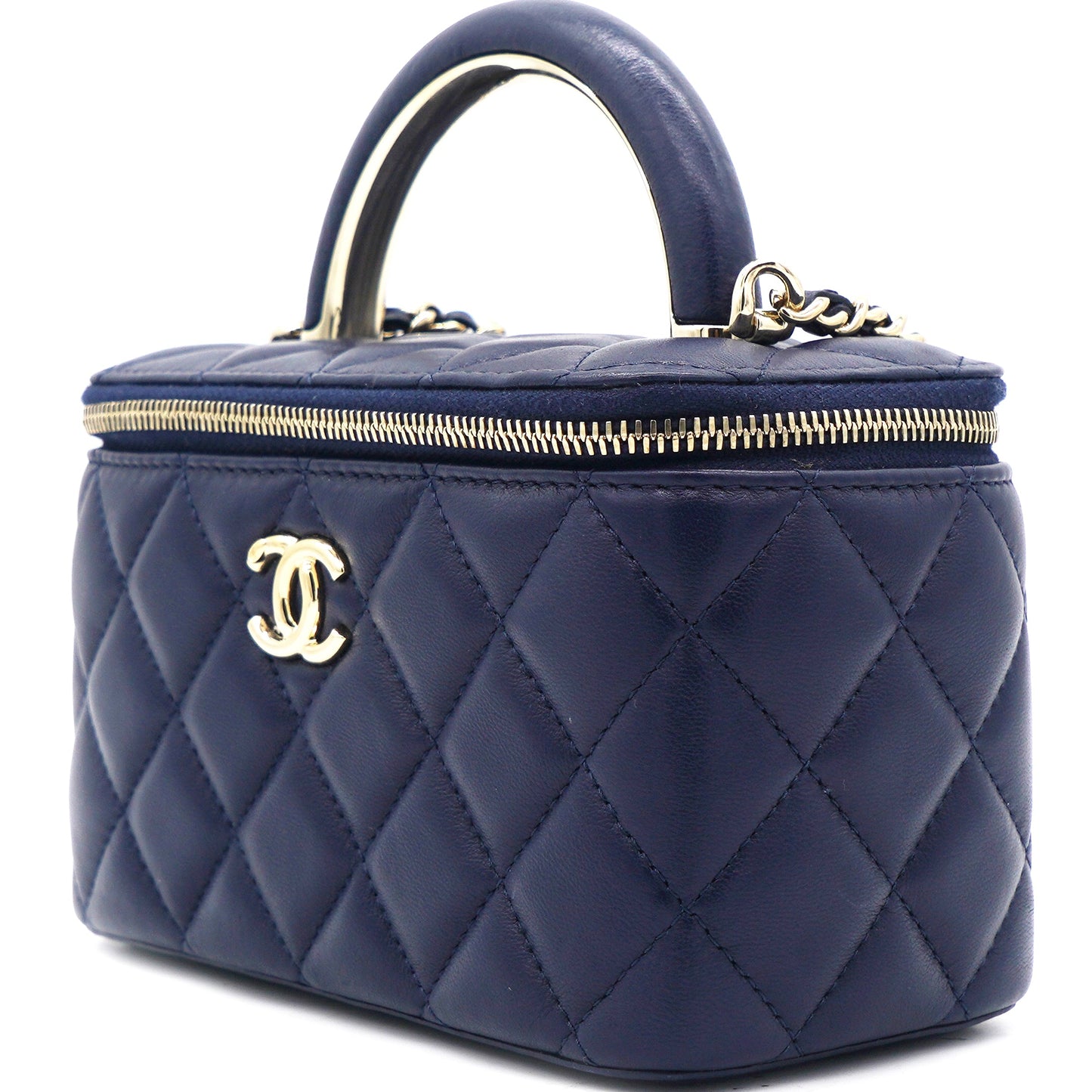 Lambskin Quilted Small Top Handle Vanity Case With Chain Navy