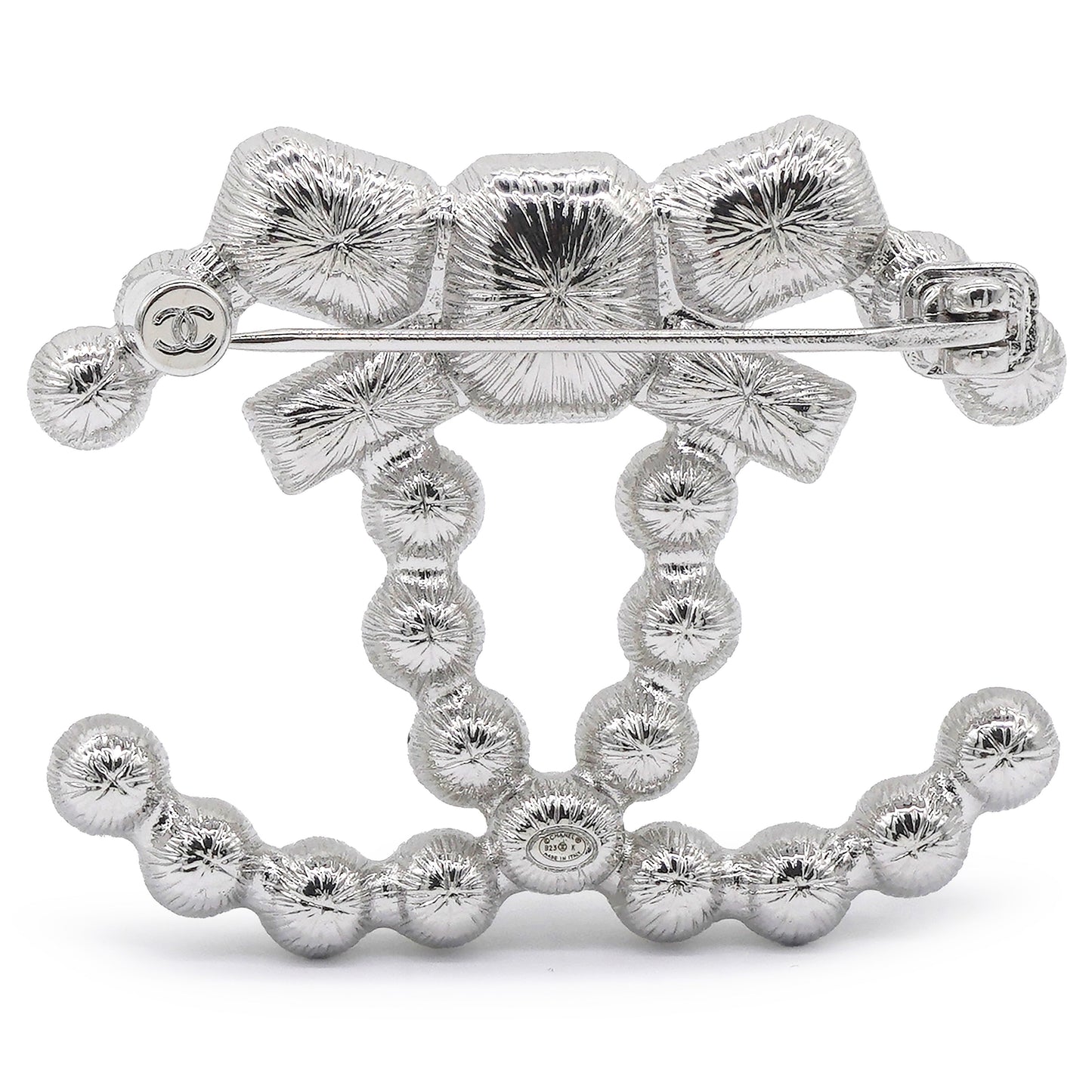 Pearl Crystal Bow CC Brooch Silver White Black