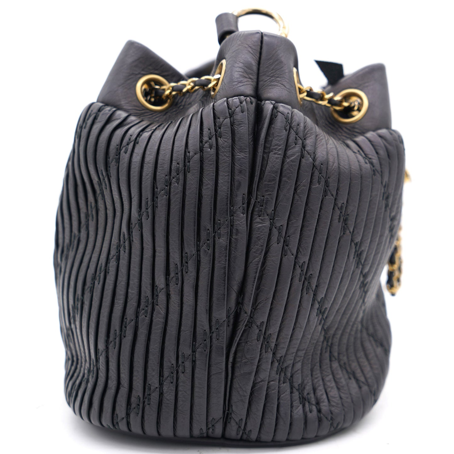 Black Pleated Leather CC Drawstring Bucket Bag